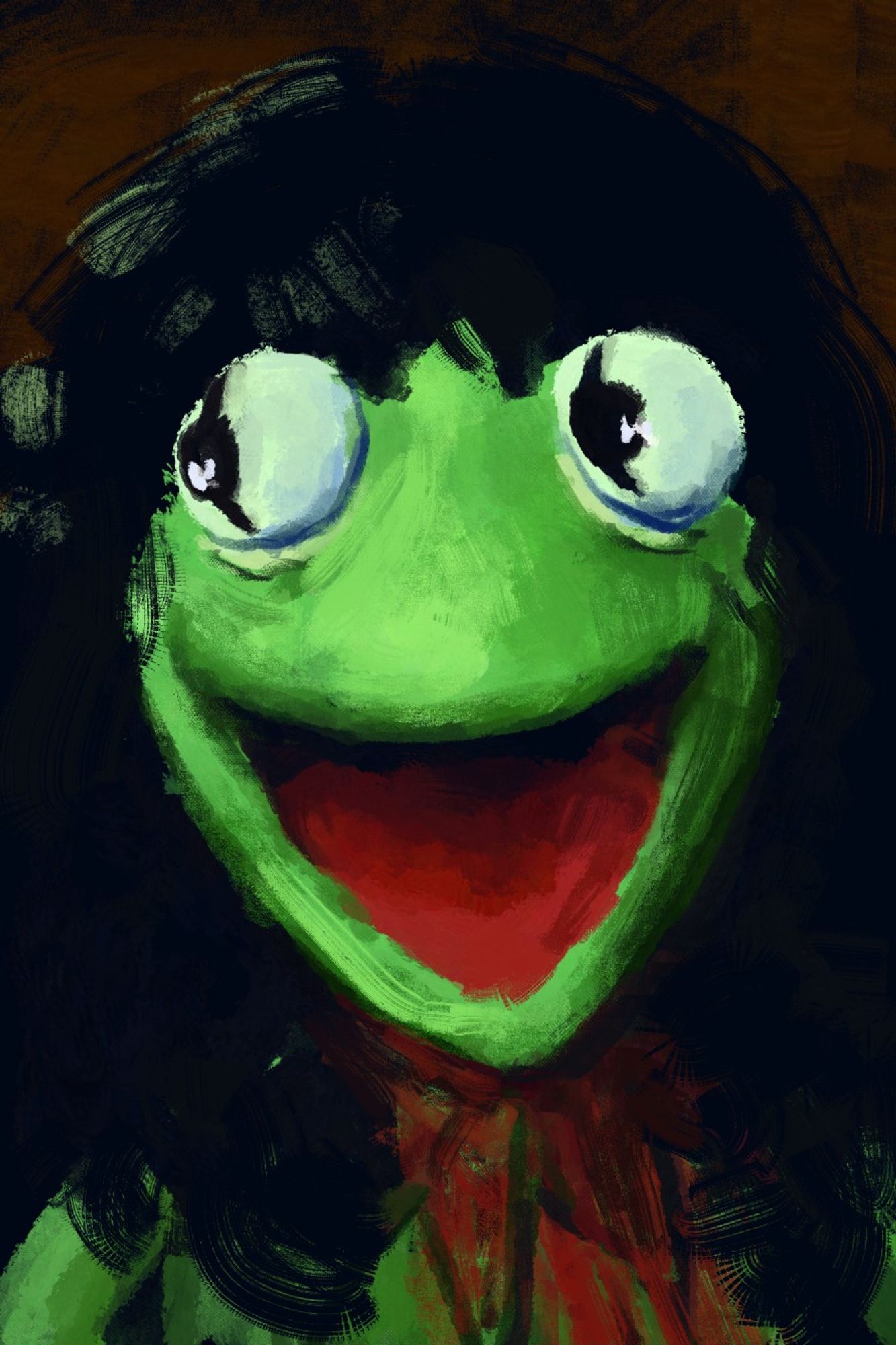 A rough digital painting depicting Kermit the frog with long black hair, mouth open, looking frame left