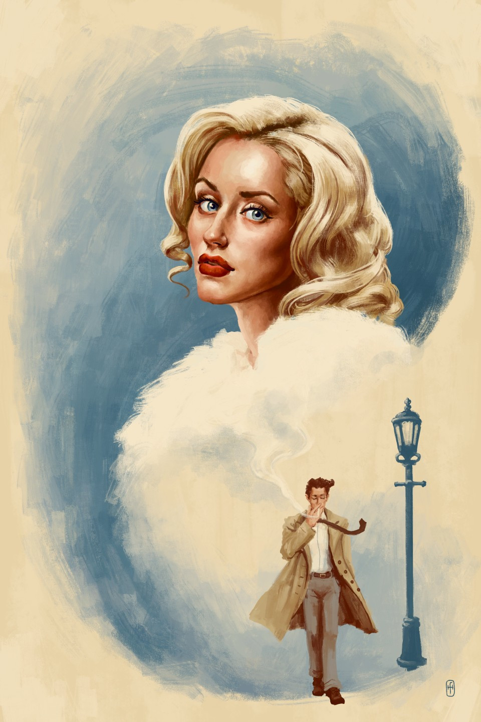 A digital painting in the style of an old pulp detective cover, featuring a beautiful blonde femme fatale superimposed in a blue void above a trenchcoat-wearing detective. The detective is walking past an old lamp post, smoking a cigarette, and the smoke rises to blend with the white fur coat of the lady.