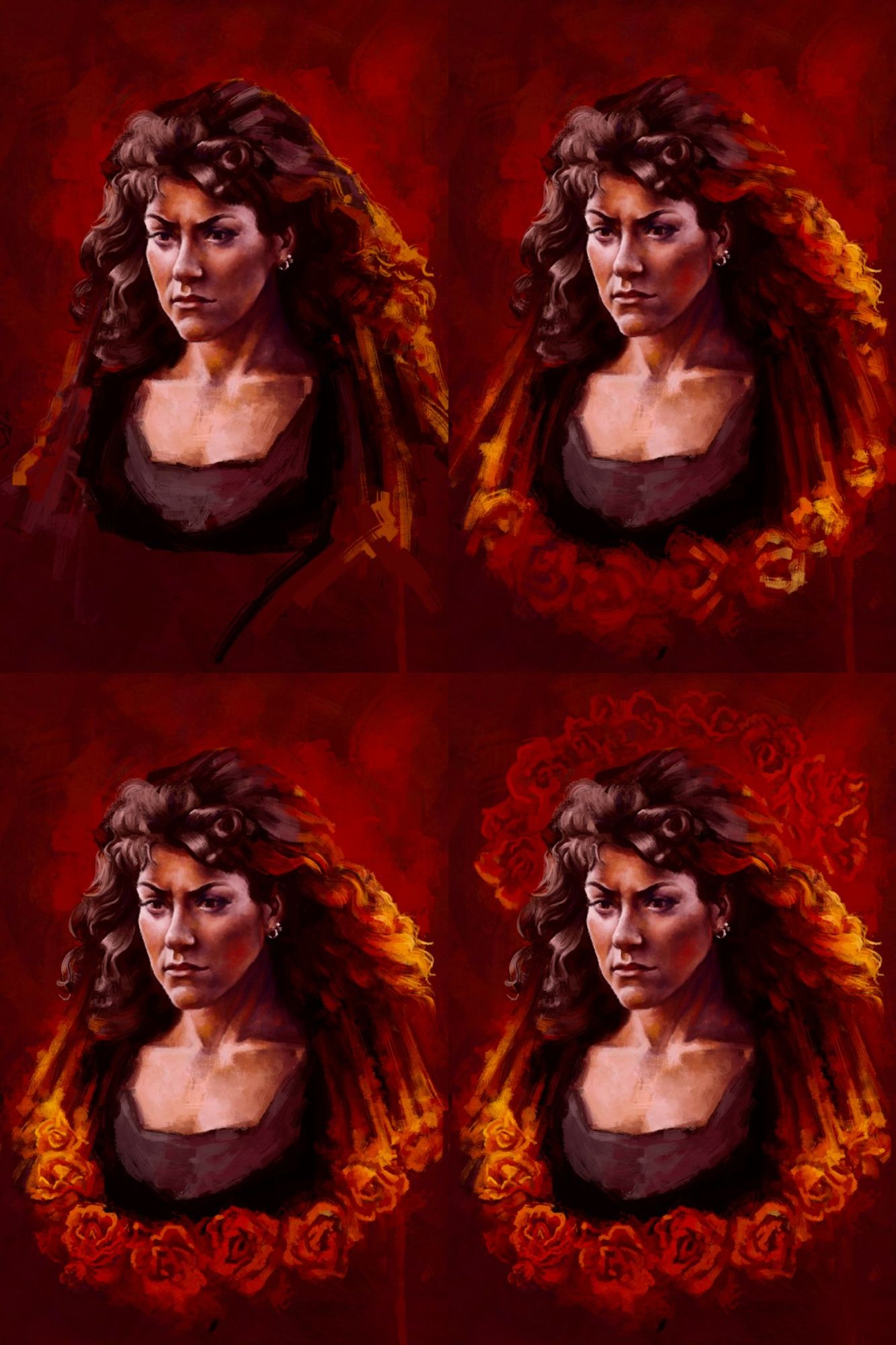 A grid of eight digital paintings depicting different stages of a portrait being made. The background is a vivid red, and the subject is a Latina woman in funeral dress. The image is completed with a band and crown of fiery roses around the subject.