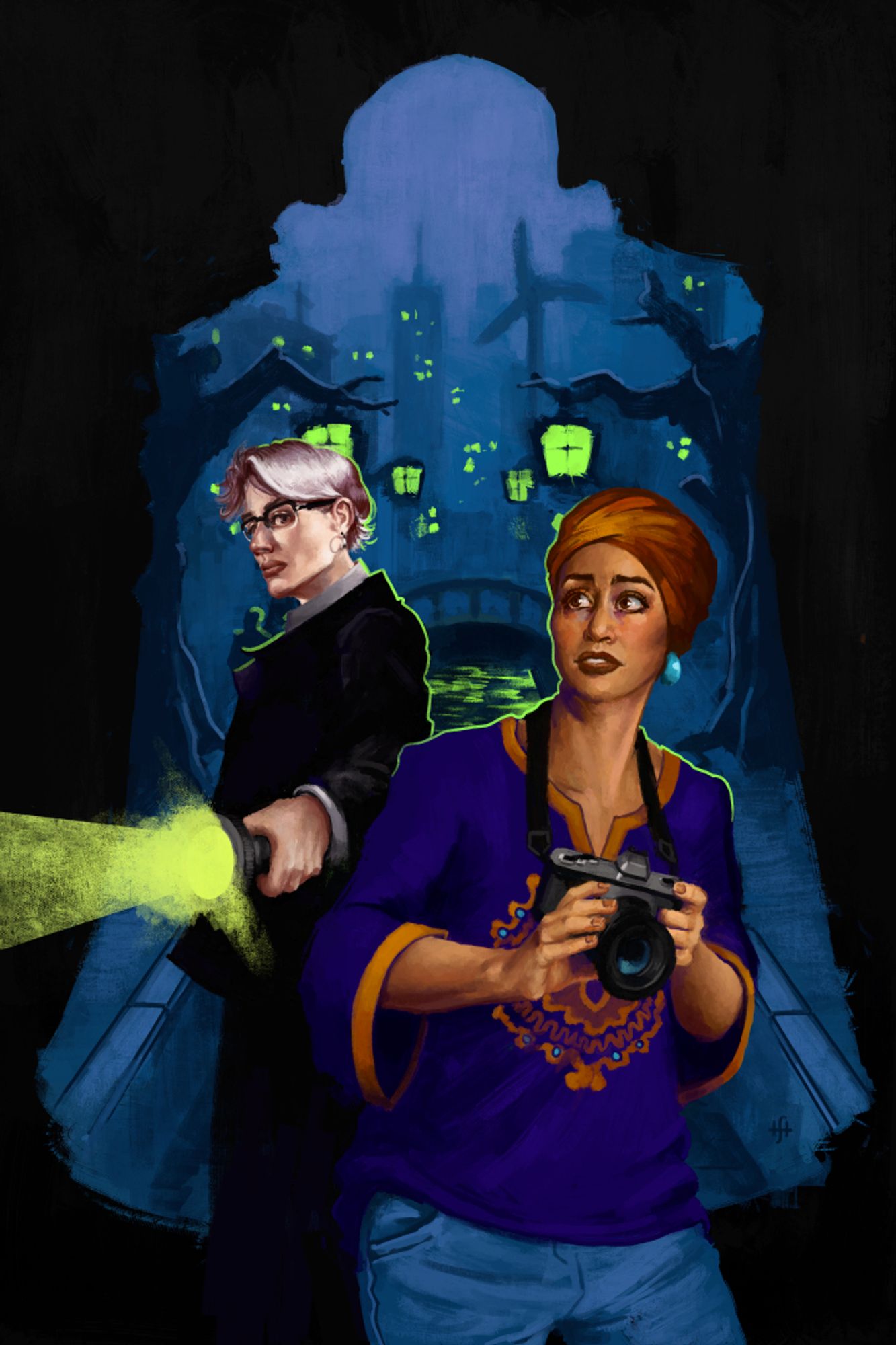 A digital, pulp-style painting resembling a mystery book cover. It features two women, one dressed in a dark suit and wearing glasses, aiming a bright flashlight off to the side, another wearing a deep purple tunic and orange turban hijab and holding a camera. In the background, enclosed in the mysterious shape of a person, we see a gloomy blue cityscape, with bright green lanterns hanging from twisted trees.