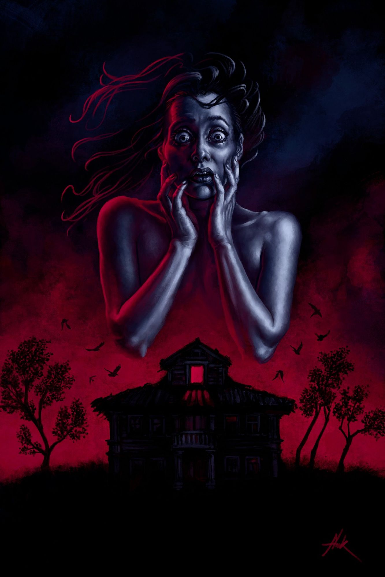 A digital painting of a woman clasping her face in fear, superimposed in the sky above a dark building, in which a single red window is lit. Birds fly through the crimson sky, and the building is flanked by wind-twisted trees.