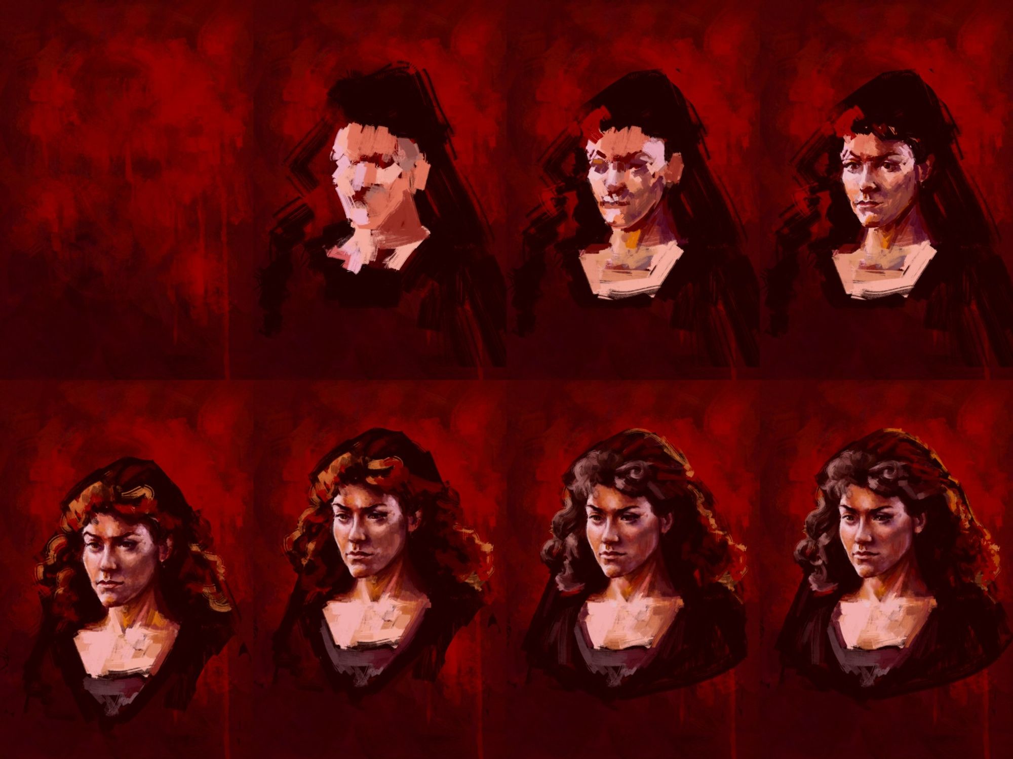 A grid of eight digital paintings depicting different stages of a portrait being made. The background is a vivid red, and the subject is a Latina woman in funeral dress.