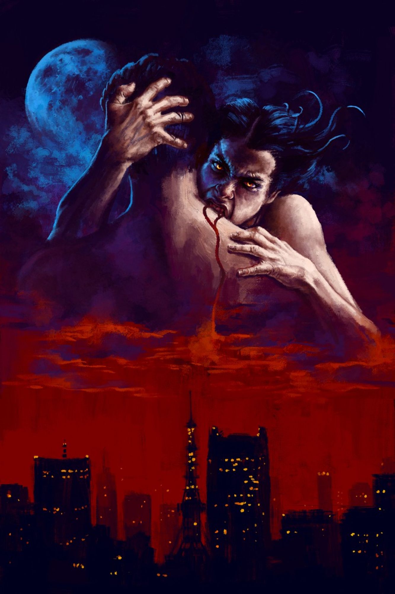 A digital painting of a vampire biting a victim in the neck, lit by an electric blue moon. The victim's blood spills into a red sky above a dark cityscape.