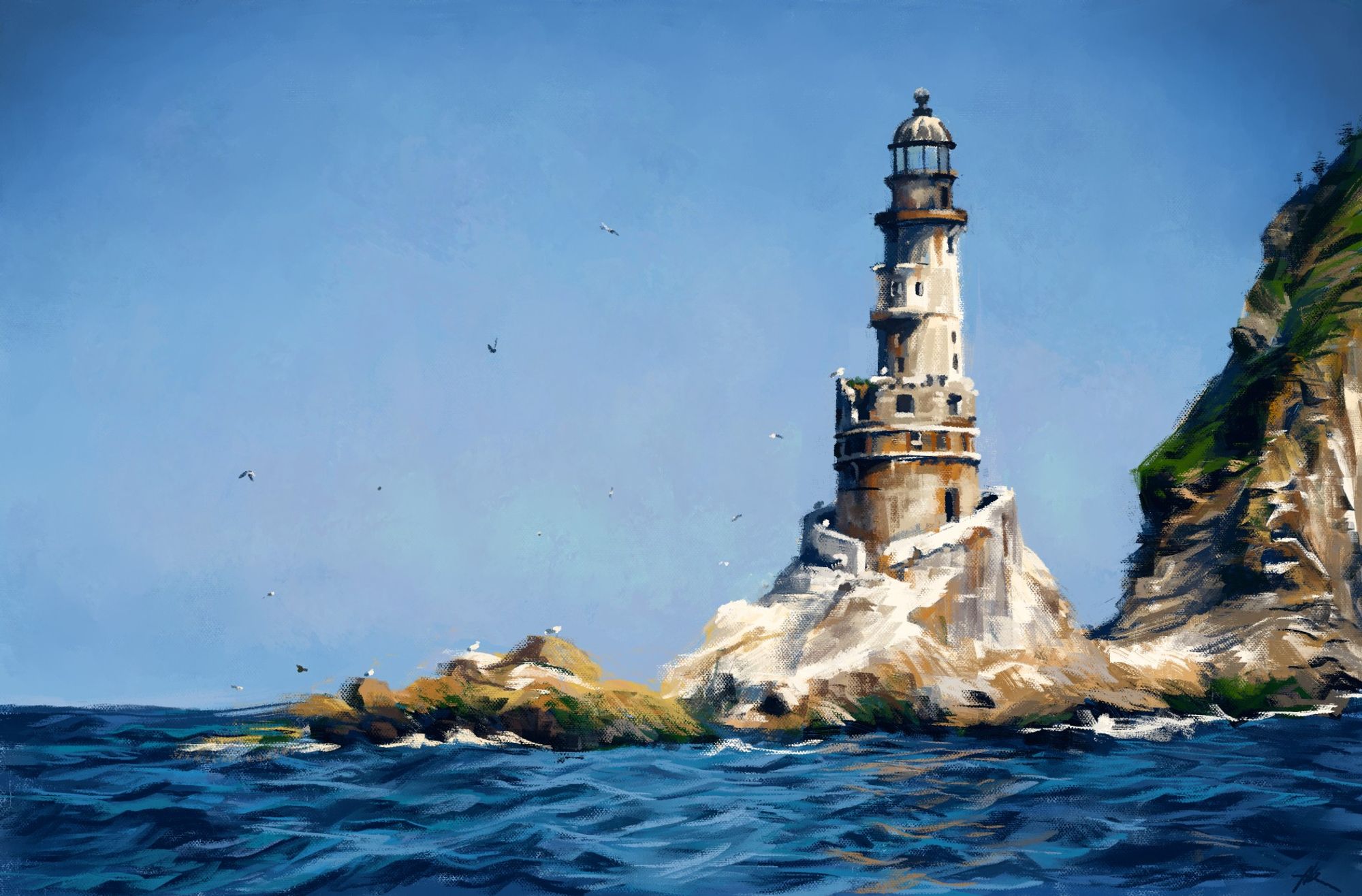 A digital painting of an old lighthouse on a clear, sunny day. Birds swoop around the lighthouse in the distance, and a green cliff towers up behind it.