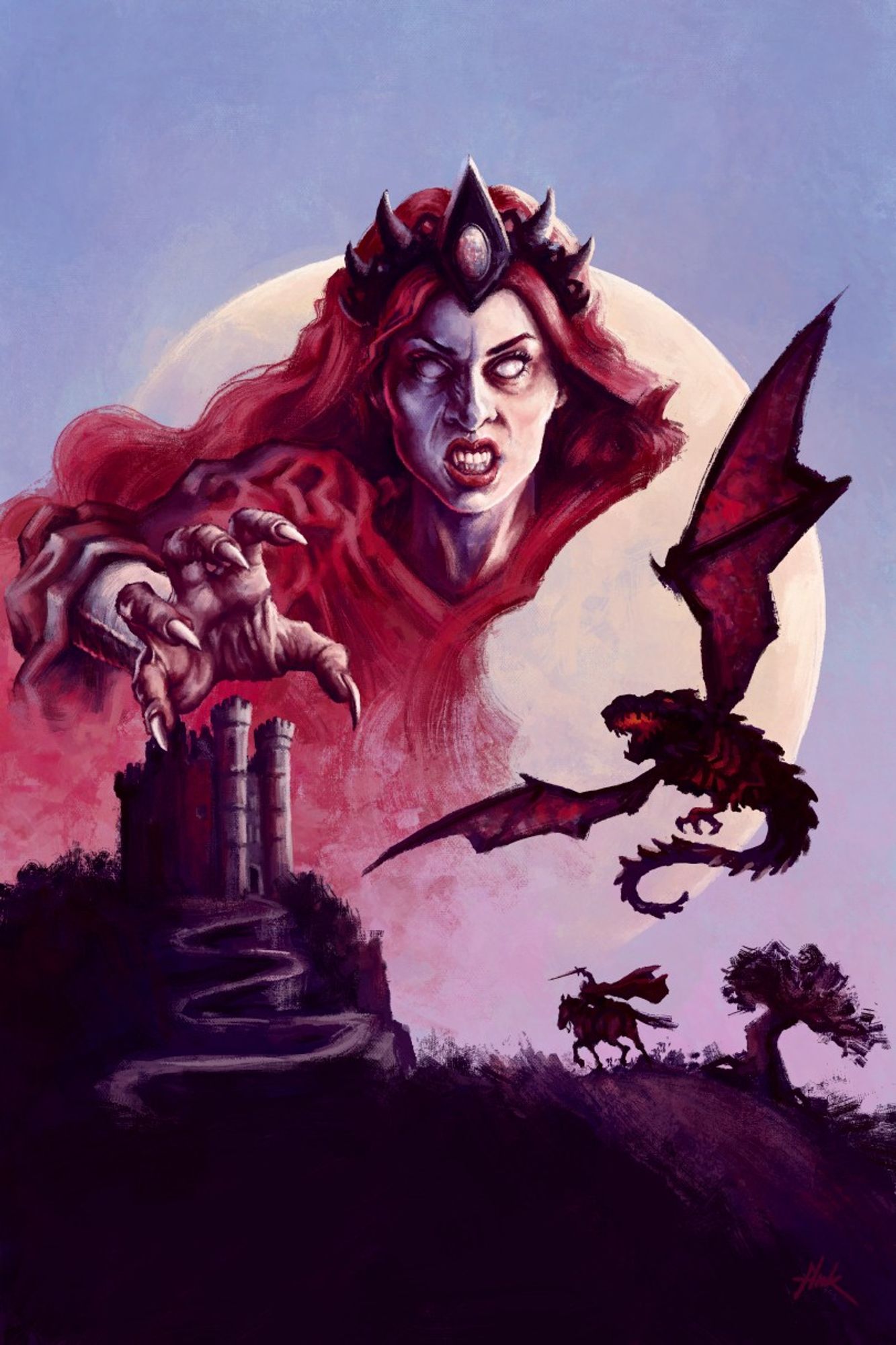 A digital painting of a gigantic evil sorceress, her red hair flowing in the wind, her claw-like hand hovering over a castle on a hill. A dragon soars in the sky, silhouetted against a pale moon, while a brave knight rides toward the castle, sword held high.