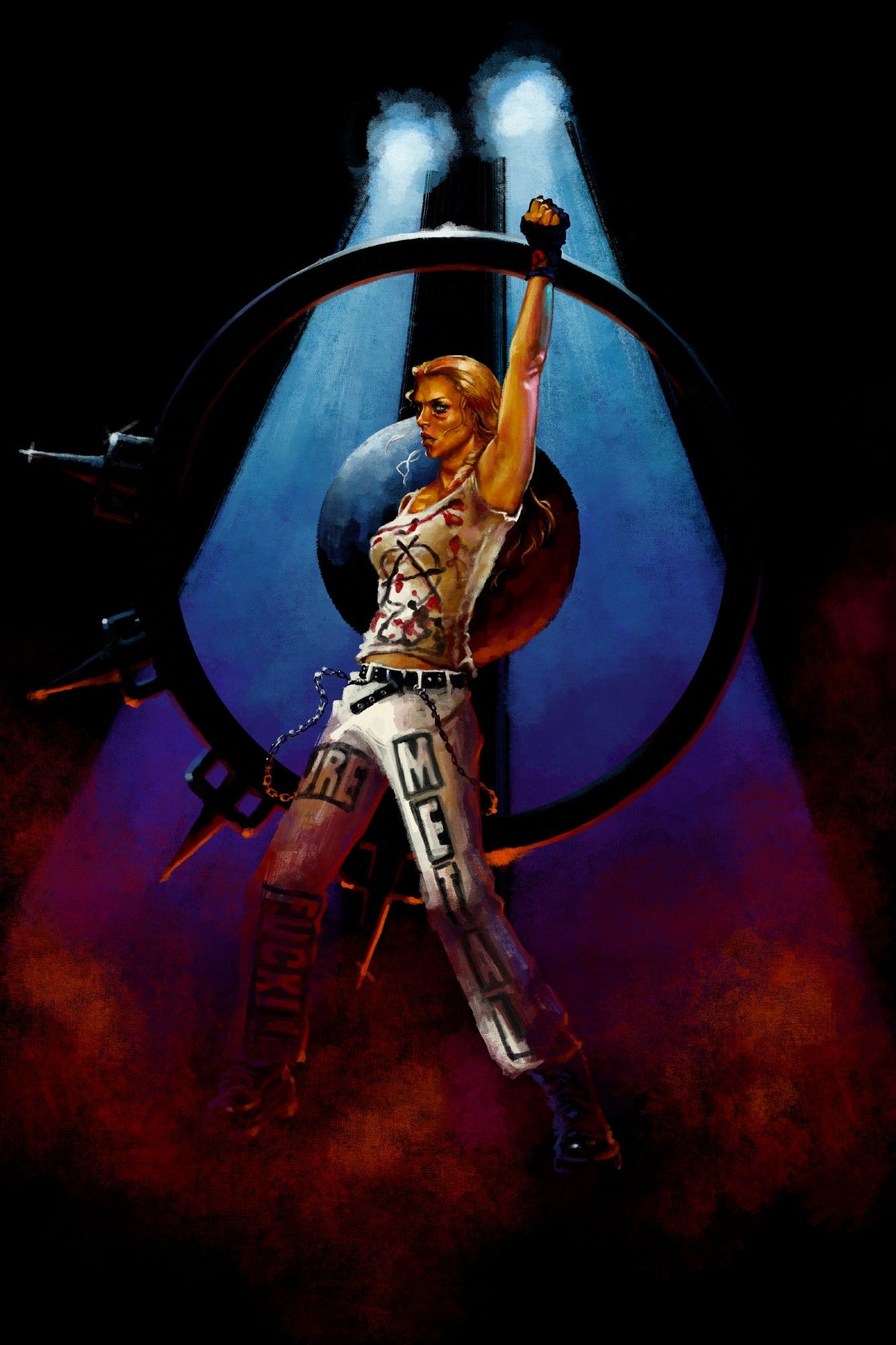 A digital painting of Angela Gossow from the band Arch Enemy. Angela is standing broad-legged, raising her fist into the air, illuminated by two spotlights. The band's logo is visible behind her.