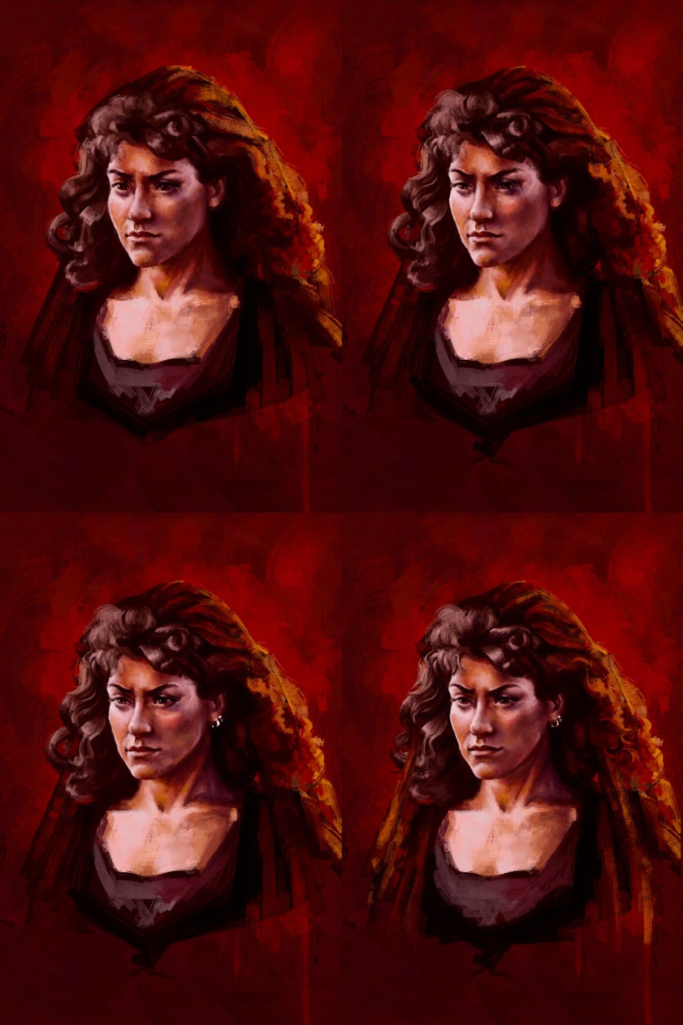 A grid of four digital paintings depicting different stages of a portrait being made. The background is a vivid red, and the subject is a Latina woman in funeral dress. A fiery rimlight is introduced in the subject's hair.