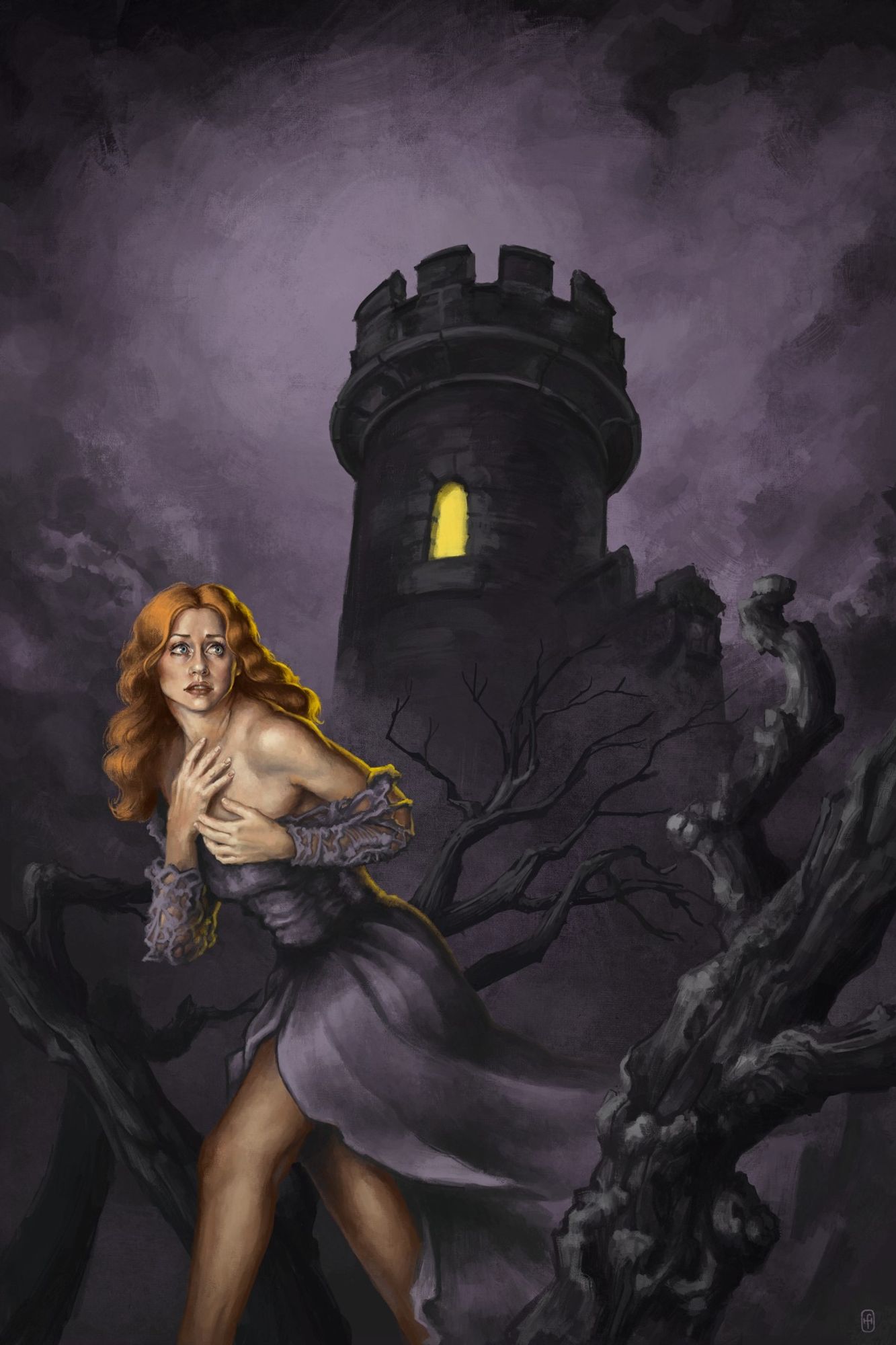 A digital painting in the gothic romance book cover style, depicting a ginger woman in a gown fleeing a dark tower in the distance. It is a dark and dusty violet night, and the woman is flanked by twisted trees. A single yellow window is lit in the tower, casting its light upon the woman.