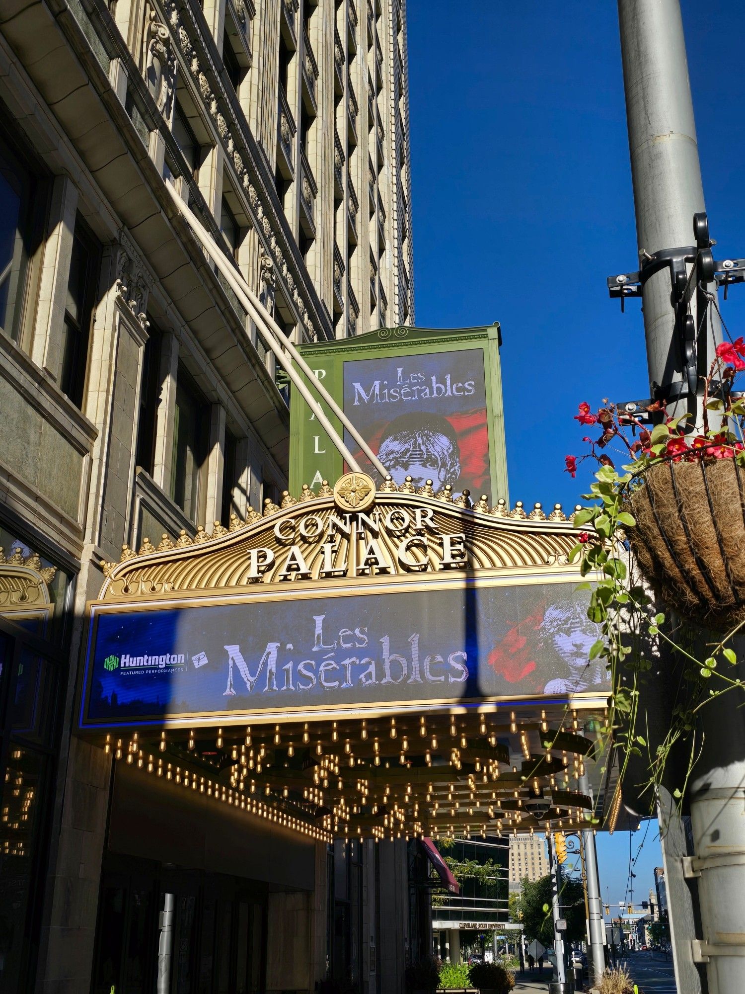 A theater marquee for the Connor Palace, advertising a performance of Les Misérables.