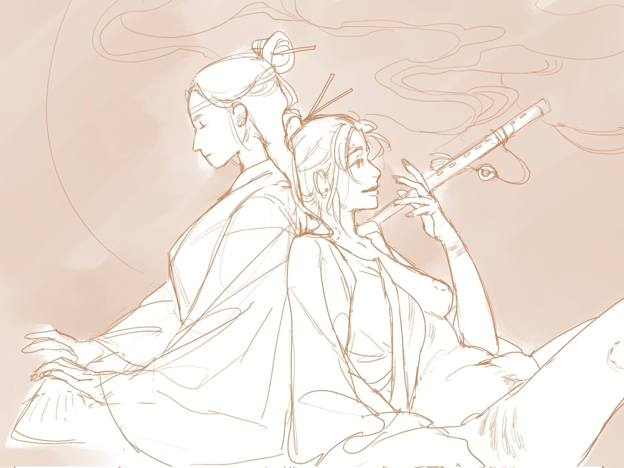 Lan wangji and wei Wuxian in female bodies reclining against each other's backs; lwj is properly dressed and playing a guqin and wwx is barely clothed.