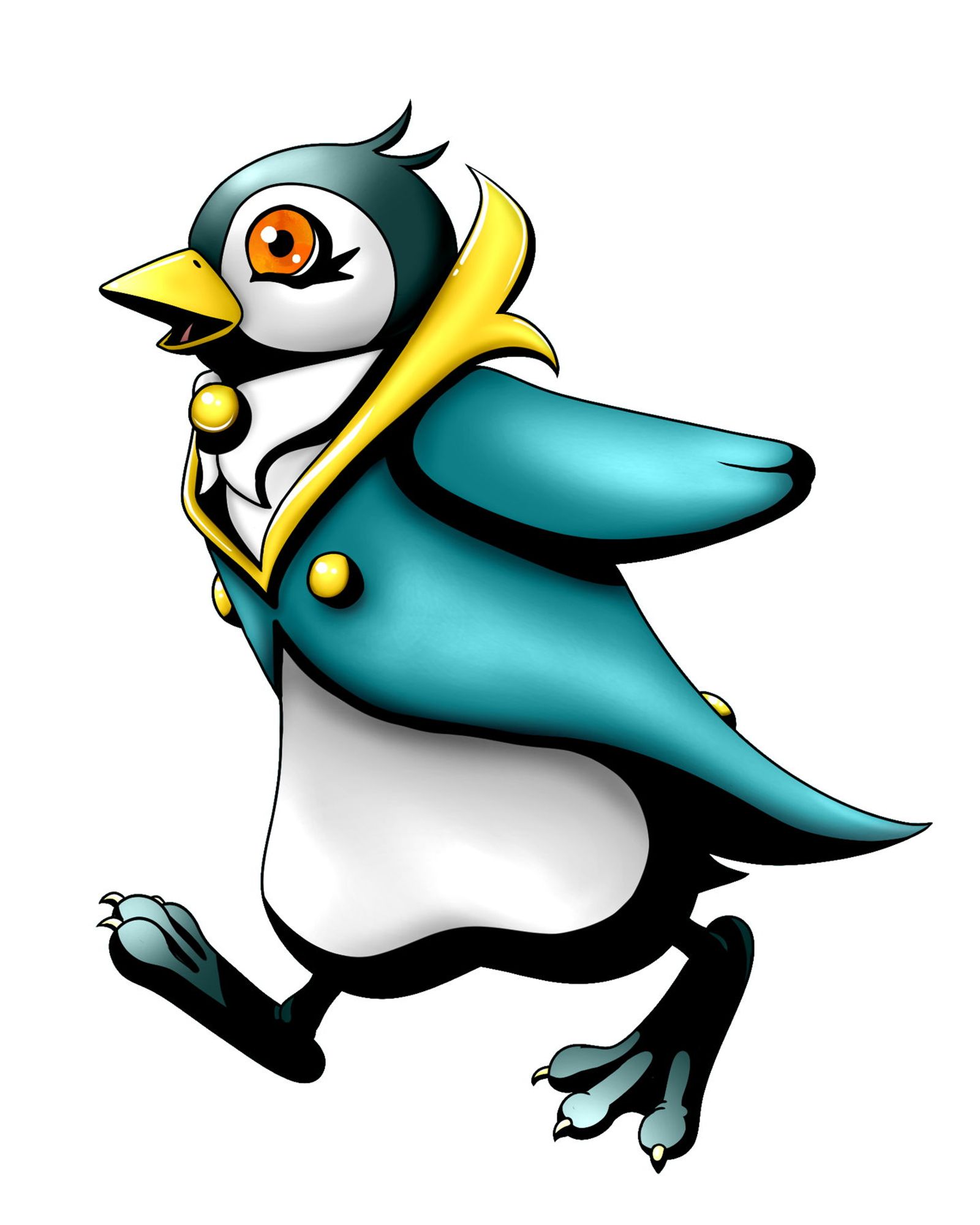 Digital painting of Butlermon, a character from Binary Break, by Ann McShane. Butlermon is a cyan penguin that seems to be wearing a gold and cyan tuxedo. His body is pale gray, with a stylized shirt collar and a golden tie pin around his neck. His 'tuxedo jacket' is cyan, covering his wings entirely. It descends into two tails. There are stylized, with golden lapels and buttons. Butlermon's clawed, webbed feet are dark cyan, matching most of his round head. Pale gray patches circle his eyes. Butlermon has big orange eyes and a golden beak, making him look very friendly. He is posed running toward the left side of the canvas. 