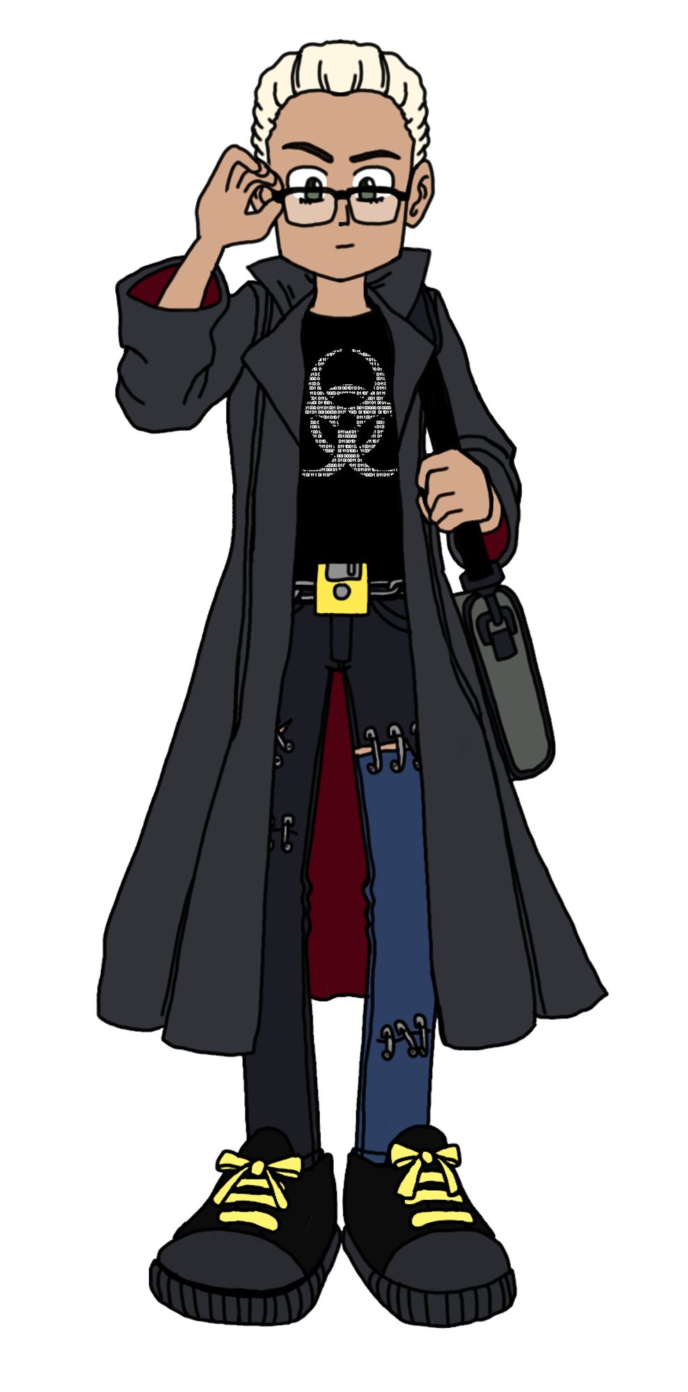 Digital painting of Billy Harlan, a character from Binary Break, by Christina Woods. Now a high schooler, Billy is Latino, very tall and lean, with short, bleach blond hair gelled back. Billy wears glasses and eyeliner. His posture and expression are curious and superior, adjusting his glasses and clutching a dark gray laptop bag. Billy is wearing a prominent black pleather trench coat, even in the heat of the summer. Under his coat are a black tee with a binary code nuclear hazard pattern. His pants are "frankenpants," skinny jeans made from many different garments and held together with safety pins. The pants are held up with a custom belt made from a chain with a yellow floppy disk belt buckle. Billy wears black sneakers with bright yellow laces. He looks like an edgy nerd.