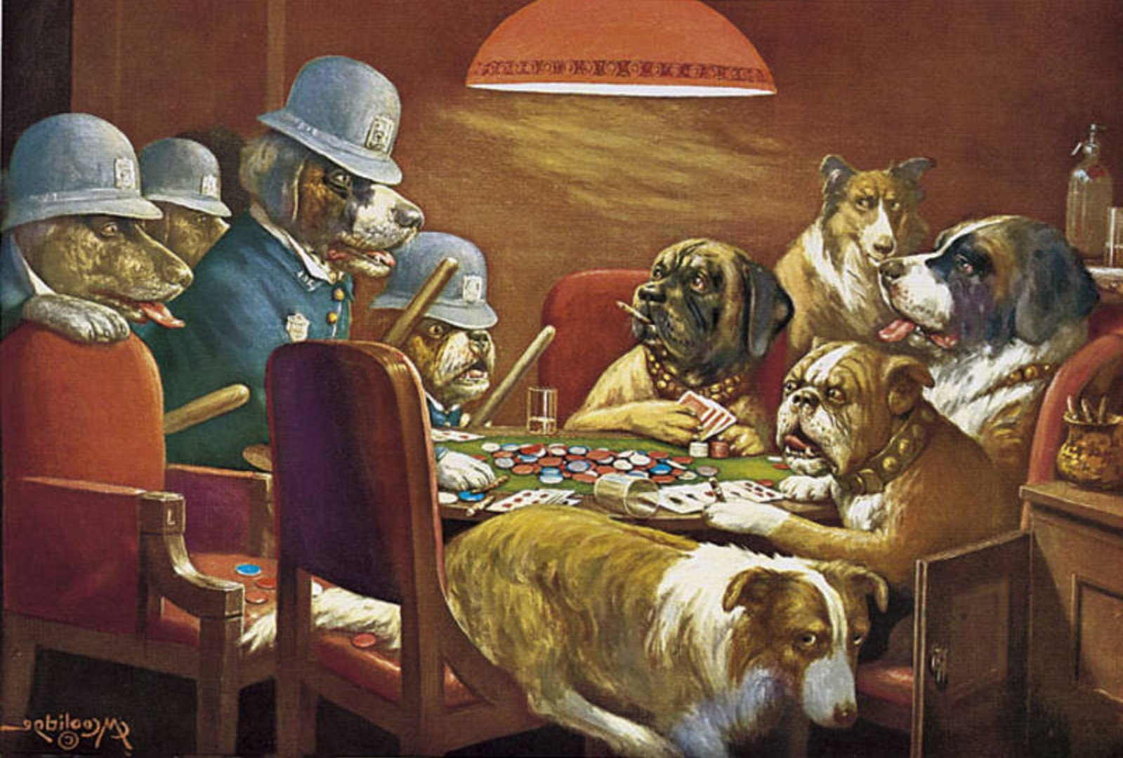 Painting of various dogs sitting around a table playing poker. Unfortunately they are being raided by the police.
by Cassius Marcellus Coolidge.