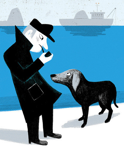 Illustration of a man wearing a long black coat and cap and smoking a pipe. He's looking down at a large black dog who is looking up at him.
They are standing beside blue water and there is a ship and rocks in the distance
by Aurelie Guillery