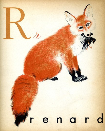 Poster of a red fox holding a black bird in its jaws. Titled "Rr renard"
From The Interrupting Lion