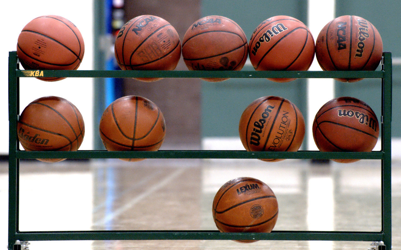 Rack of basket balls in a high school gum