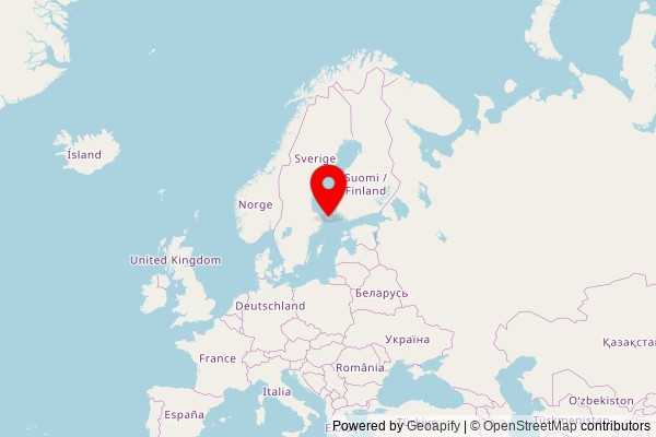 A zoomed in map showing a pin at the position of Åland Pingstförsamling, Matrosgatan 1, 22100 Mariehamn, Finland