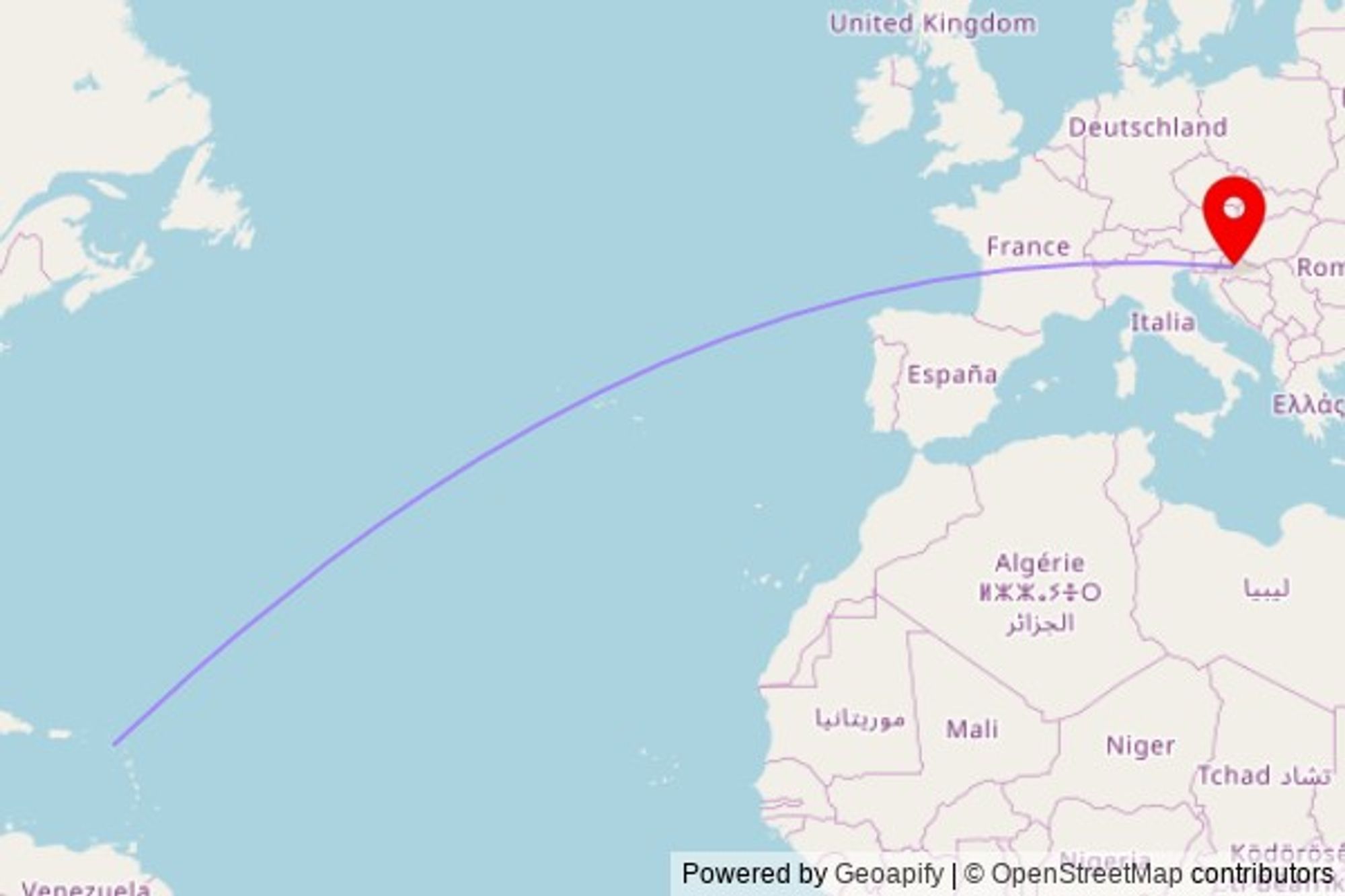 A map showing the great circle route from Ottley's in Saint Kitts and Nevis to a map pin at Church of St. Mary Magdalene, Trg Čazmanskog kaptola, 43240 Čazma, Croatia