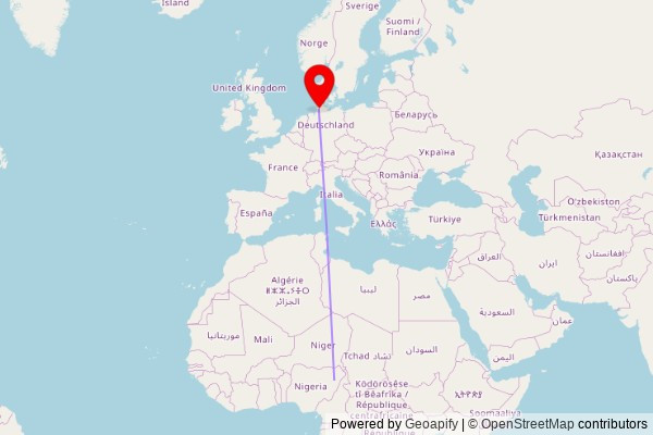 A map showing the great circle route from Biu in Nigeria to a map pin at Gemeinde Christi, Fehrsplatz 2, 25746 Heide, Germany