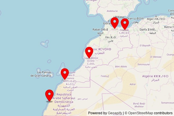 A map showing every place of worship we have visited so far in Morocco including:
Masjid Oulad Daoud مسجد أولاد داود in Rislane
Eglise de Notre-Dame de Carmen الكنيسة سيدة كارمن in Dakhla
Eglise de Notre-Dame de Carmen الكنيسة سيدة كارمن in Dakhla
Eglise de Notre-Dame de Carmen الكنيسة سيدة كارمن in Dakhla
Mosquée TADART in Laayoune
Eglise de Notre-Dame de Carmen الكنيسة سيدة كارمن in Dakhla
Mosquée Oulad Aarfa in Sidi Dahmane
Mohammed VI Mosque in Targuist