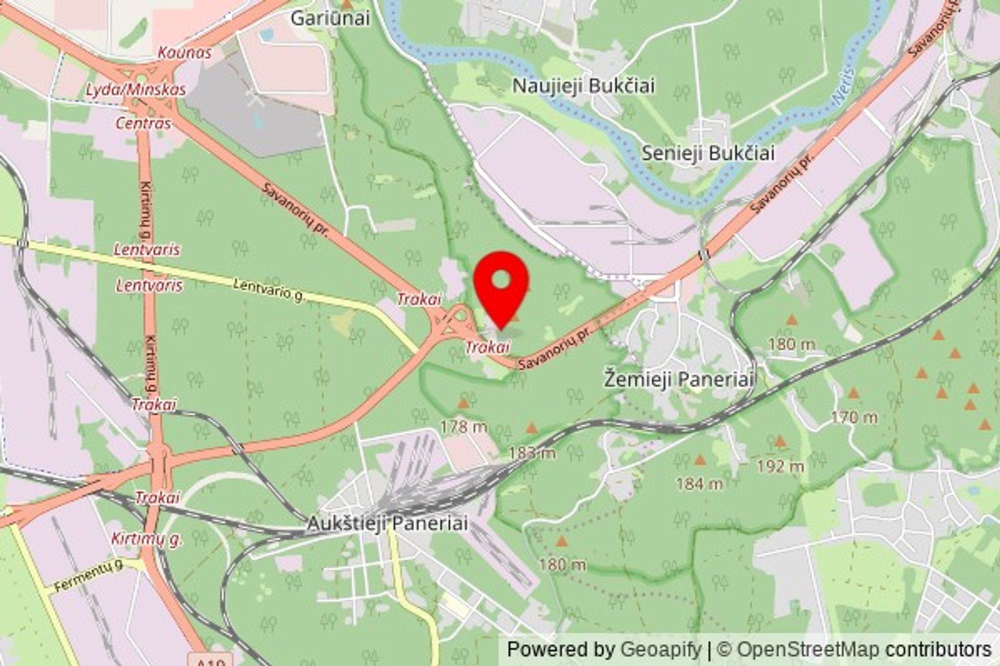 A partially zoomed out map with a pin at the position of Panerių Šv. Jėzaus Nukryžiuotojo koplyčia, Savanorių pr. 229A, 02309 Vilnius, Lithuania