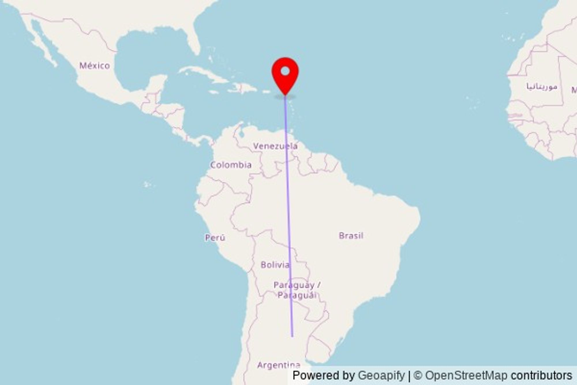 A map showing the great circle route from Municipio de San Cristóbal in Argentina to a map pin at Seventh Day Adventist Church, Island Main Road, Ottley's, Saint Mary Cayon, Saint Kitts and Nevis