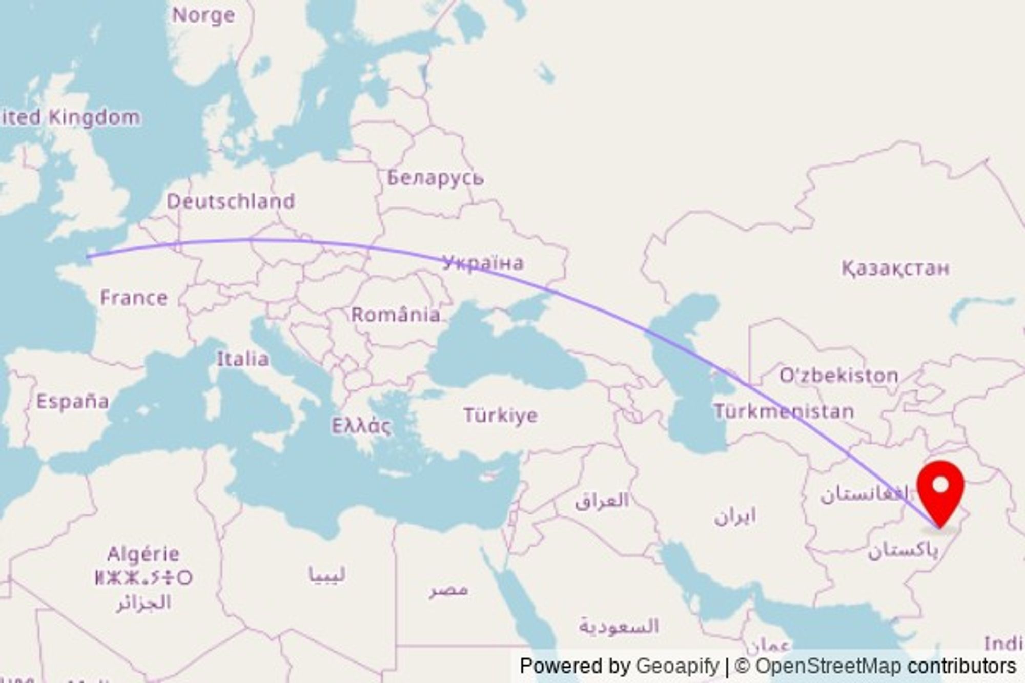 A map showing the great circle route from St. Clement in Jersey to a map pin at Church, Samundari-Gojra Road, Gojra 38100, Pakistan