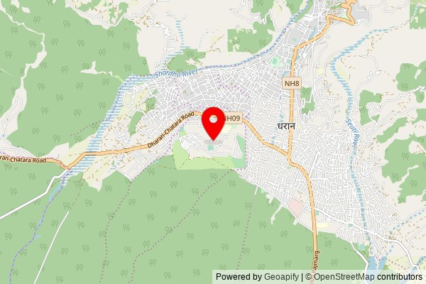 A partially zoomed out map with a pin at the position of Temple, Radio Nepal Marga, Dharan, Sunsari, Nepal