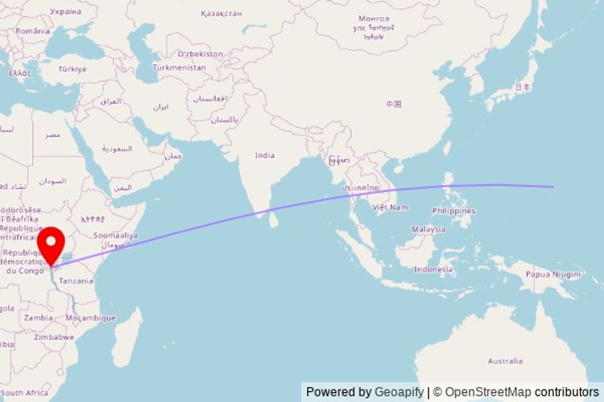 A map showing the great circle route from Saipan Municipality in the United States to a map pin at Paroisse Catholique de Kavimvira, RN5, Kanvinvira, Democratic Republic of the Congo