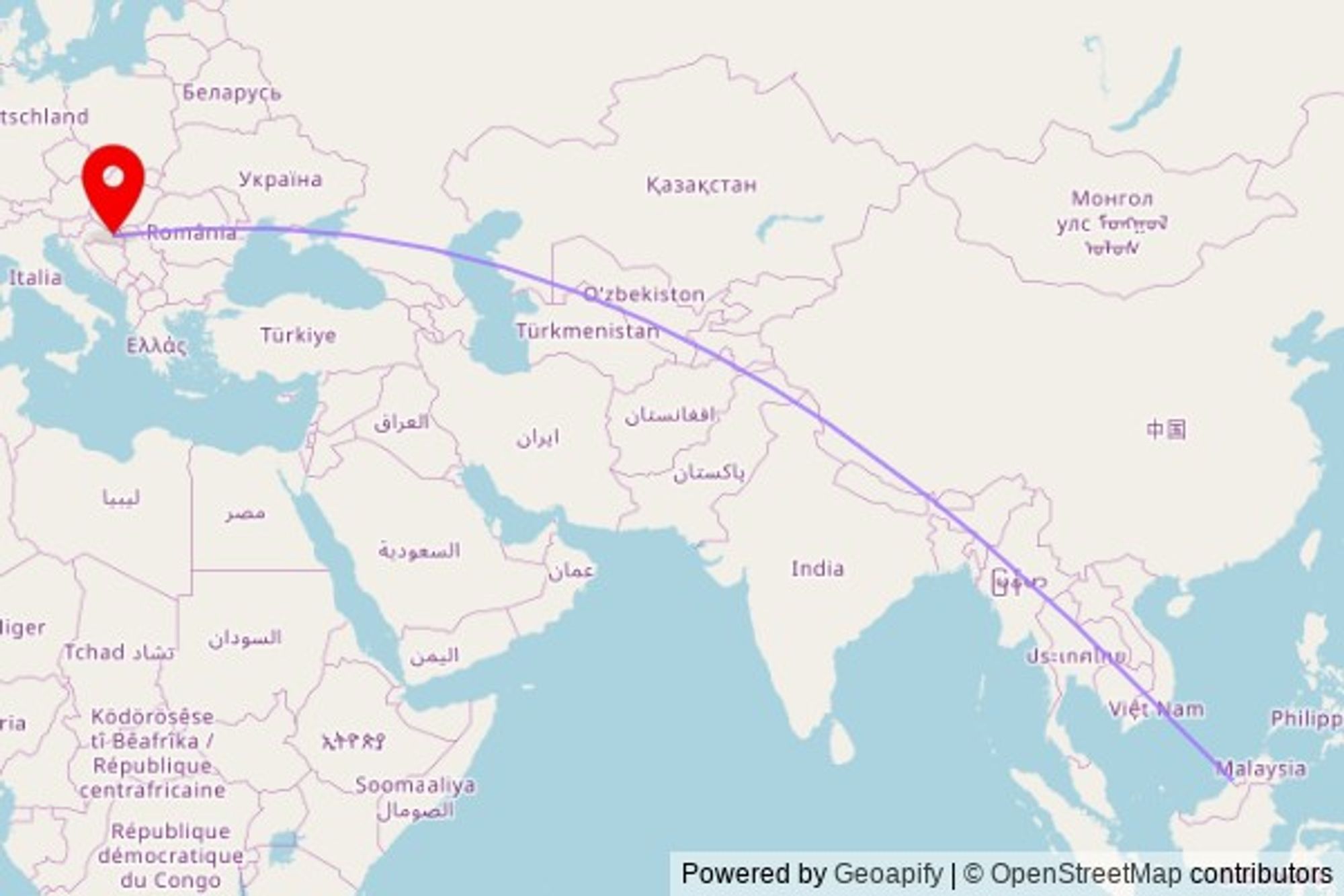 A map showing the great circle route from Kuala Belait in Brunei Darussalam to a map pin at Dom molitve, Ulica Jana Žiška 26B, 31225 Jelisavac, Croatia