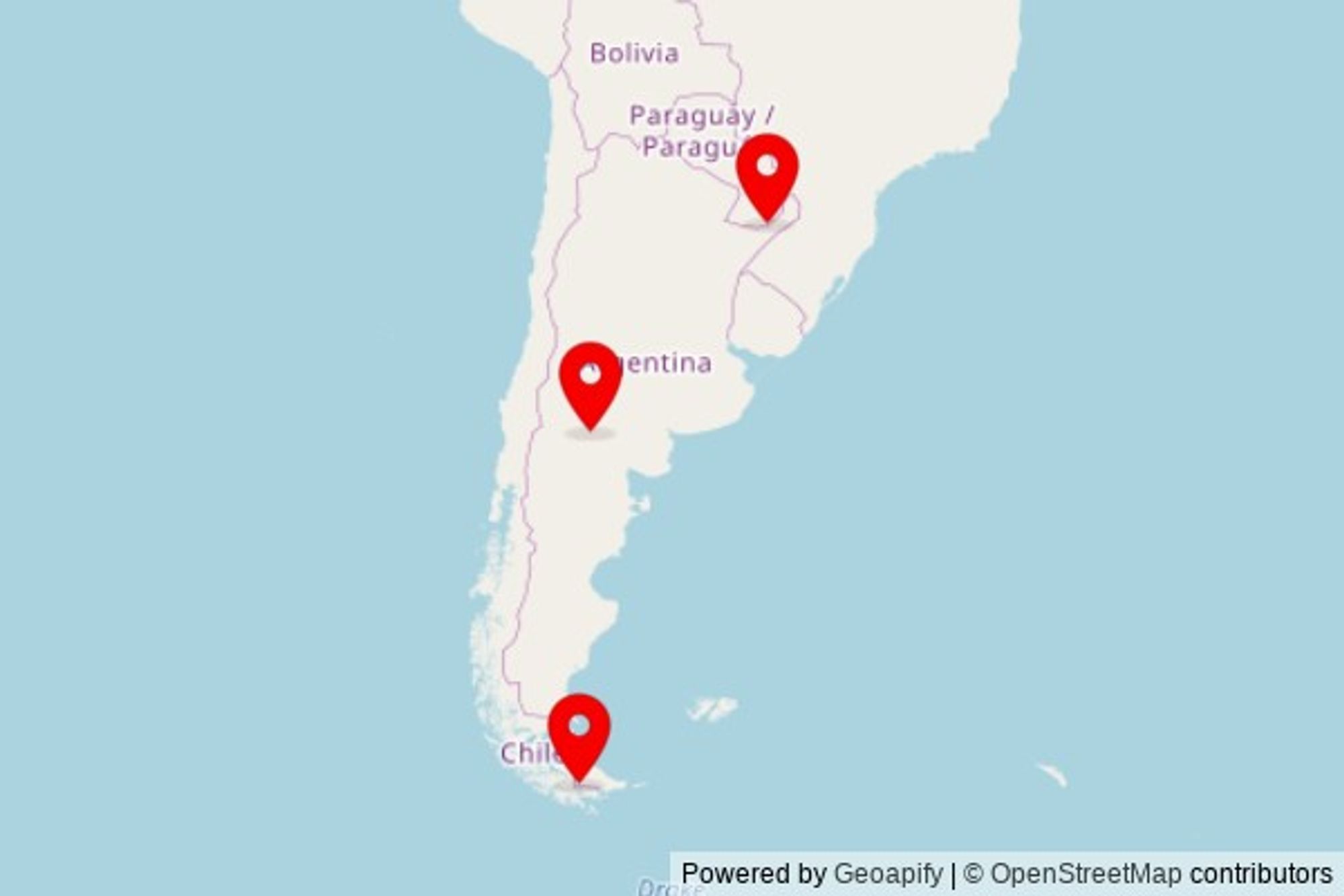 A map showing every place of worship we have visited so far in Argentina including:
Iglesia Israelita del Nuevo Pacto in General Roca
Virgen de Schoenstatt in Posadas
Iglesia Parroquial de Ushuaia in Ushuaia