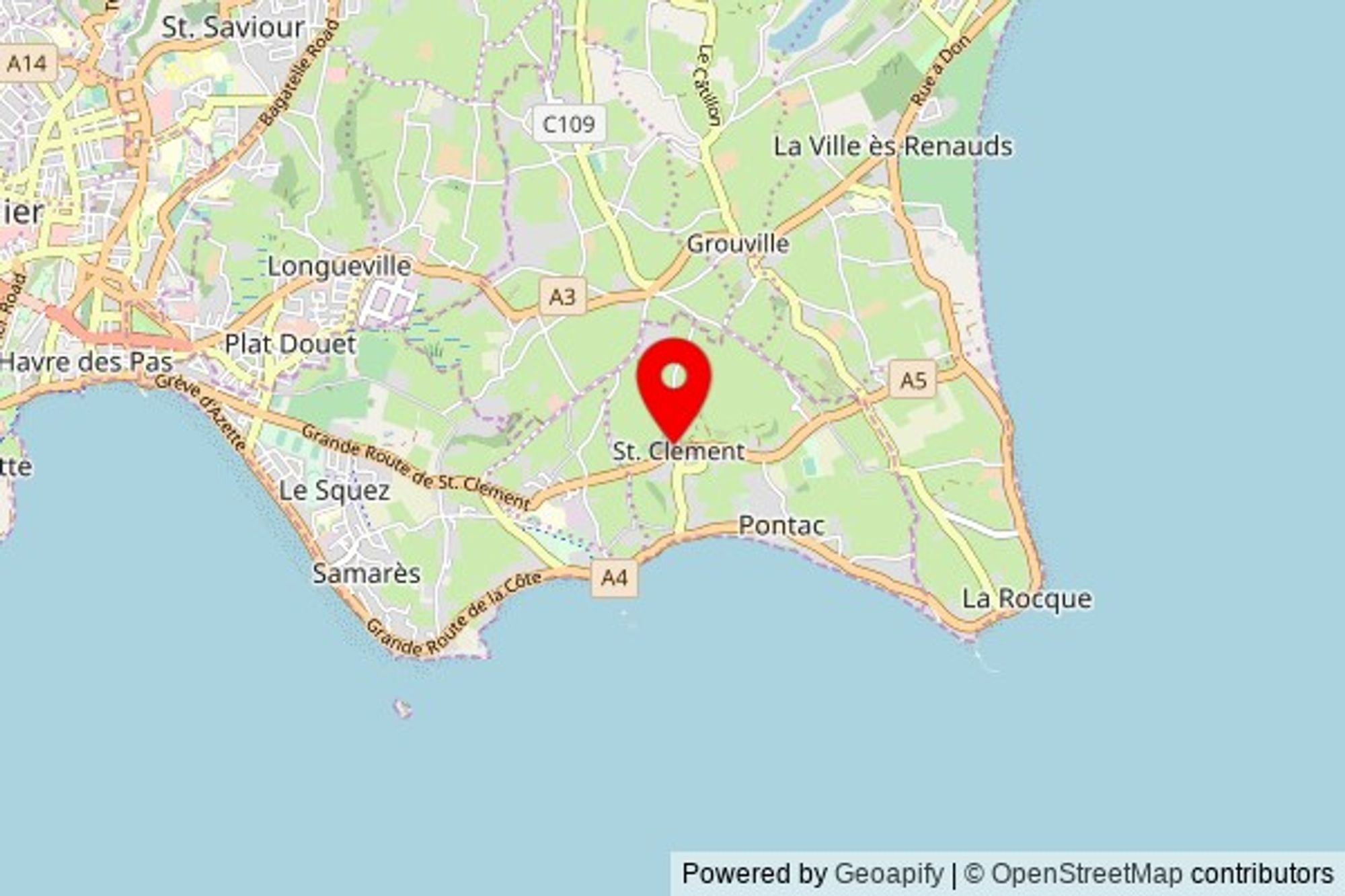 A partially zoomed out map with a pin at the position of St. Clement's Church, Grande Route de St. Clement, St. Clement, Jersey, Channel Islands