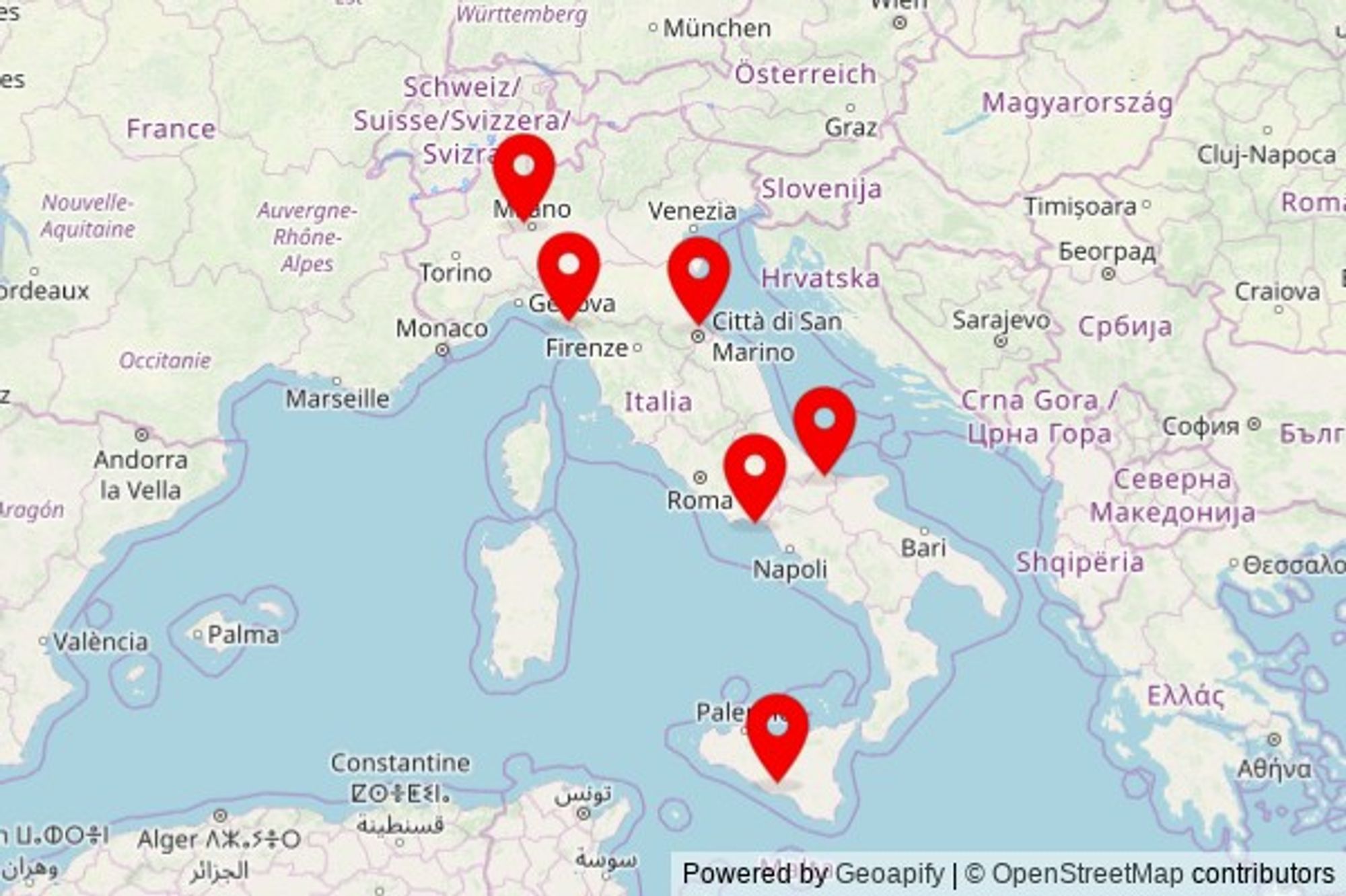 A map showing every place of worship we have visited so far in Italy including:
Santuario Madonna della Visitazione (Madonna di Casale) in Santarcangelo di Romagna
Chiesa dei SS Cosma e Damiano e Maria SS di Portosalvo in Gaeta
Chiesa parrocchiale dei Santi Giacomo e Filippo in Cornaredo
Chiesa Parrocchiale di Santa Maria Maggiore in Guglionesi
Chiesa di San Nicolò in Arcola
Chiesa di San Michele in Ravanusa