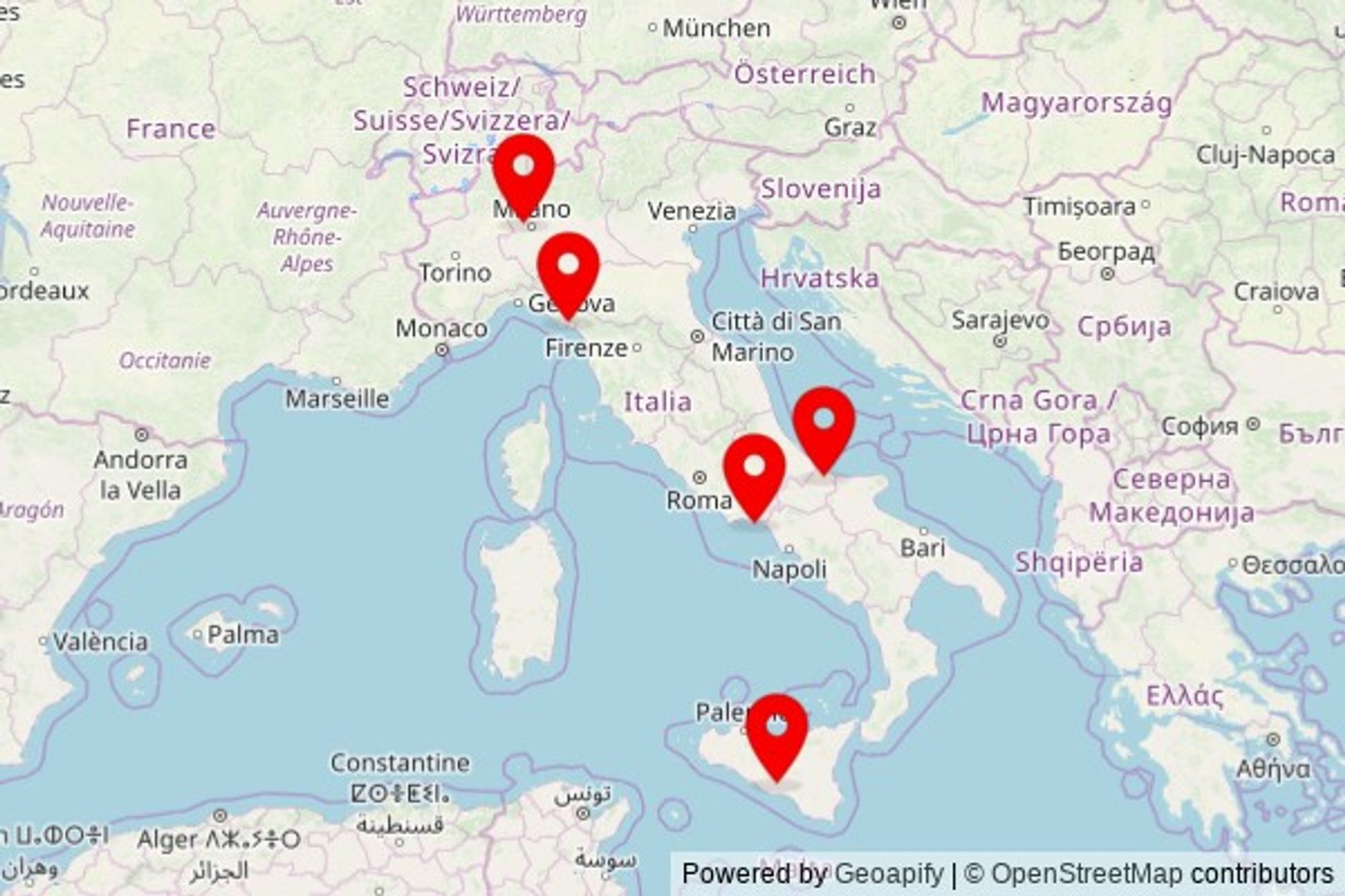 A map showing every place of worship we have visited so far in Italy including:
Chiesa di San Michele in Ravanusa
Chiesa dei SS Cosma e Damiano e Maria SS di Portosalvo in Gaeta
Chiesa parrocchiale dei Santi Giacomo e Filippo in Cornaredo
Chiesa Parrocchiale di Santa Maria Maggiore in Guglionesi
Chiesa di San Nicolò in Arcola