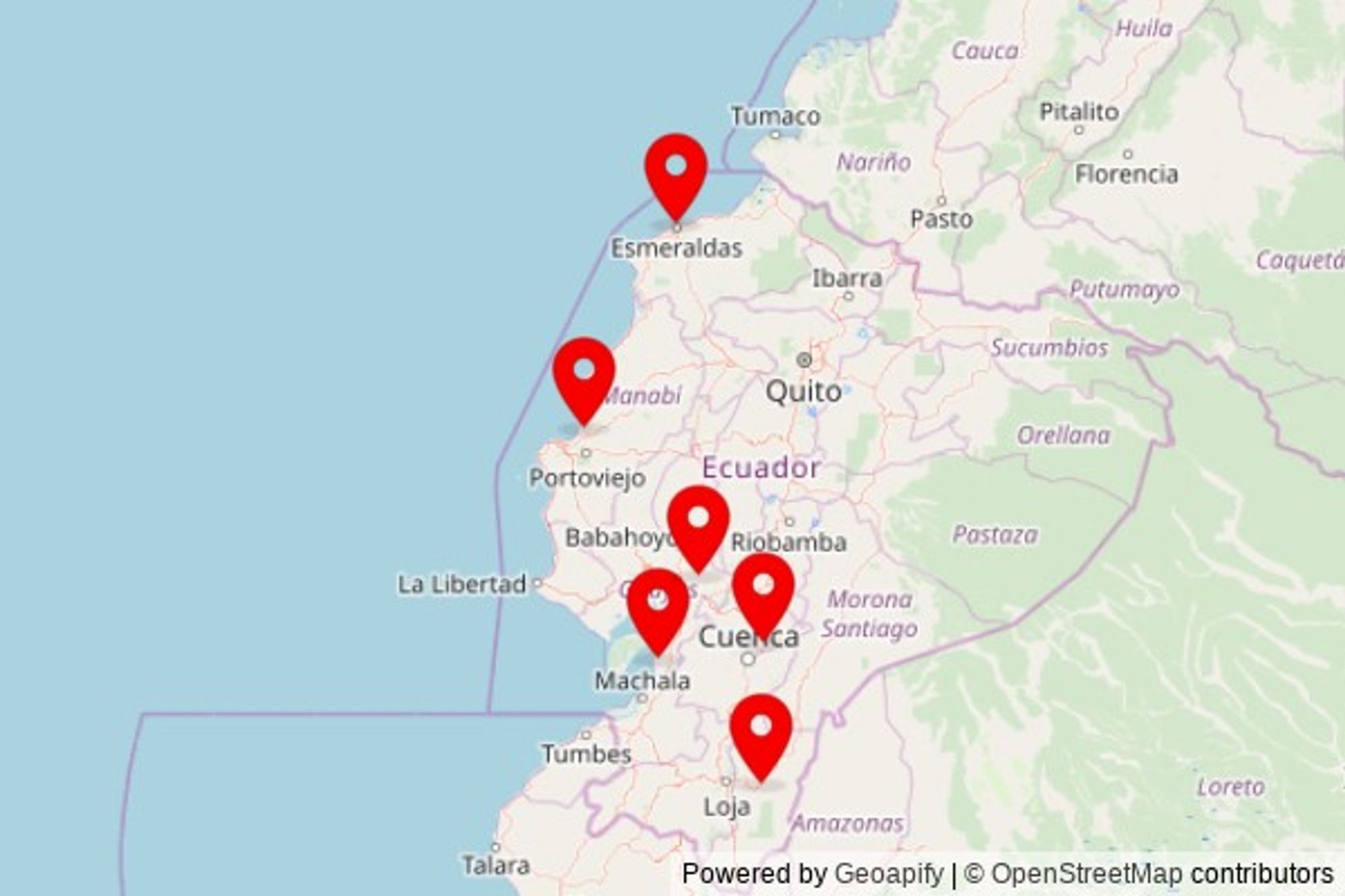 A map showing every place of worship we have visited so far in Ecuador including:
Iglesia Católica San Buenaventura - Timbara in Timbara Alto
Iglesia de Macas - Javier Loyola in Javier Loyola
Iglesia Católica San Antonio de Padua - Balao in Balao
Iglesia Católica Virgen de Fátima in Esmeraldas
Iglesia Católica Nuestra Señora de Los Dolores | Naranjito in Naranjto
Salón del Reino de los Testigos de Jehová, Charapotó in Charapotó