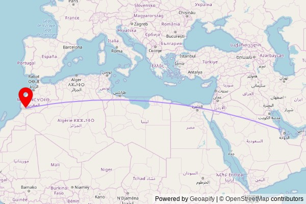 A map showing the great circle route from Awali in Bahrain to a map pin at Mosquée Oulad Aarfa, RR114, 83003 Sidi Dahmane, Morocco