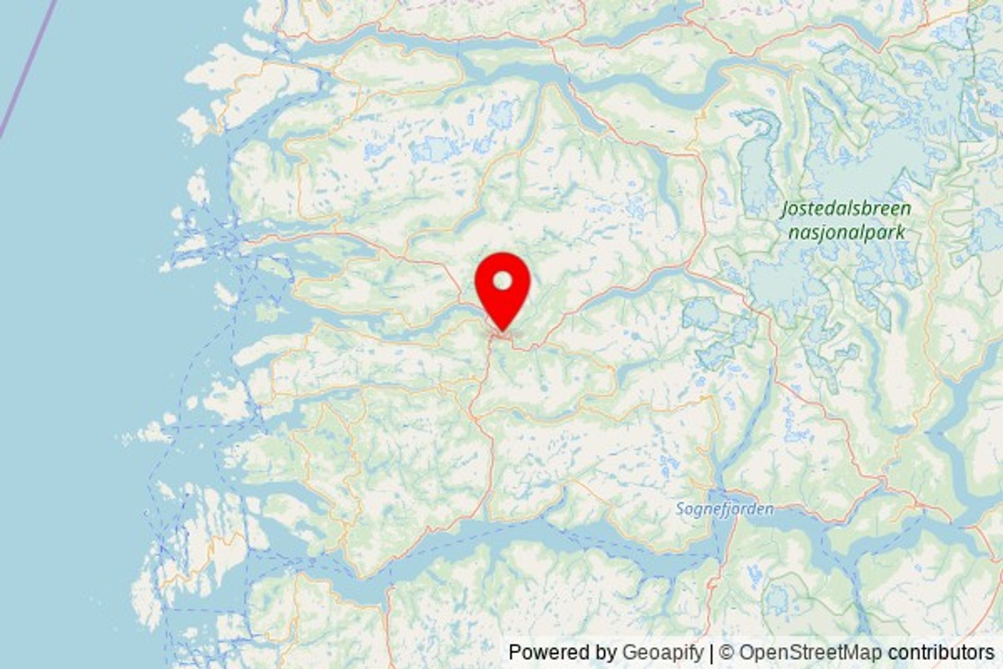 A map showing the area of Førde with a pin at the position of Førde kyrkje, Kyrkjevegen, 6809 Førde, Norway