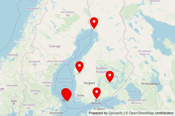 A map showing every place of worship we have visited so far in Finland including:
Eckerö kyrka in Eckerö
Eckerö kyrka in Eckerö
Pyhän Mikaelin kirkko in Keminmaa
Hammarlands kyrka in Hammarland
Vantaan Minttukirkko in Vantaa
Kauhajoen baptistiseurakunta in Kauhajoki
Mikkelin helluntaiseurakunta in Mikkeli
Åland Pingstförsamling in Mariehamn