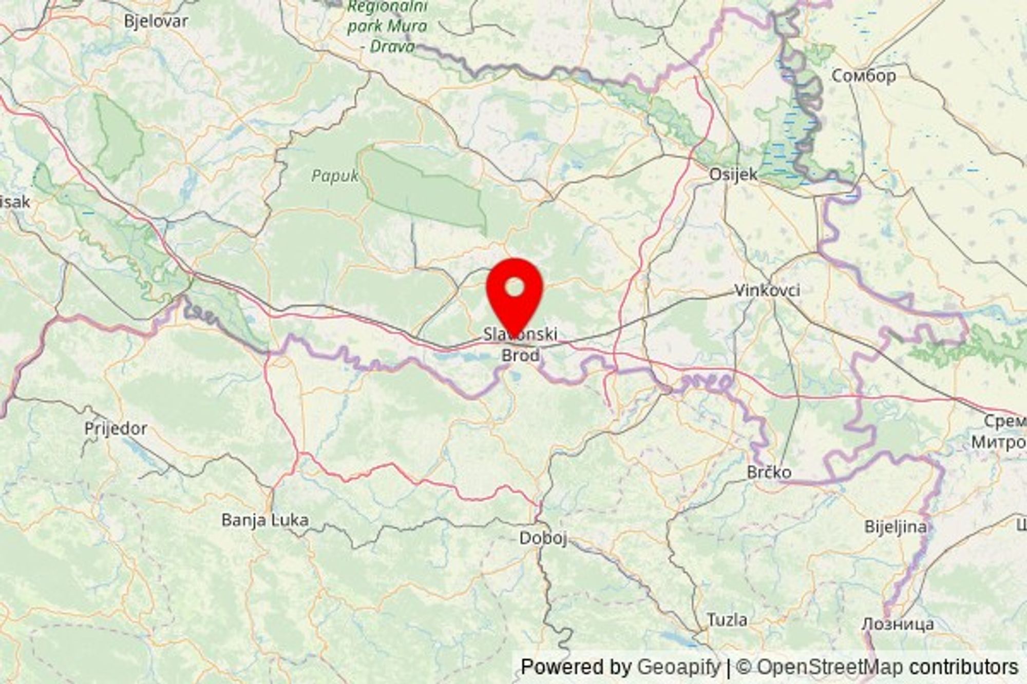 A map showing the area of Slavonski Brod with a pin at the position of crkva Bezgrešnog Srca Marijina, Slavonska ulica 71, 35000 Slavonski Brod, Croatia