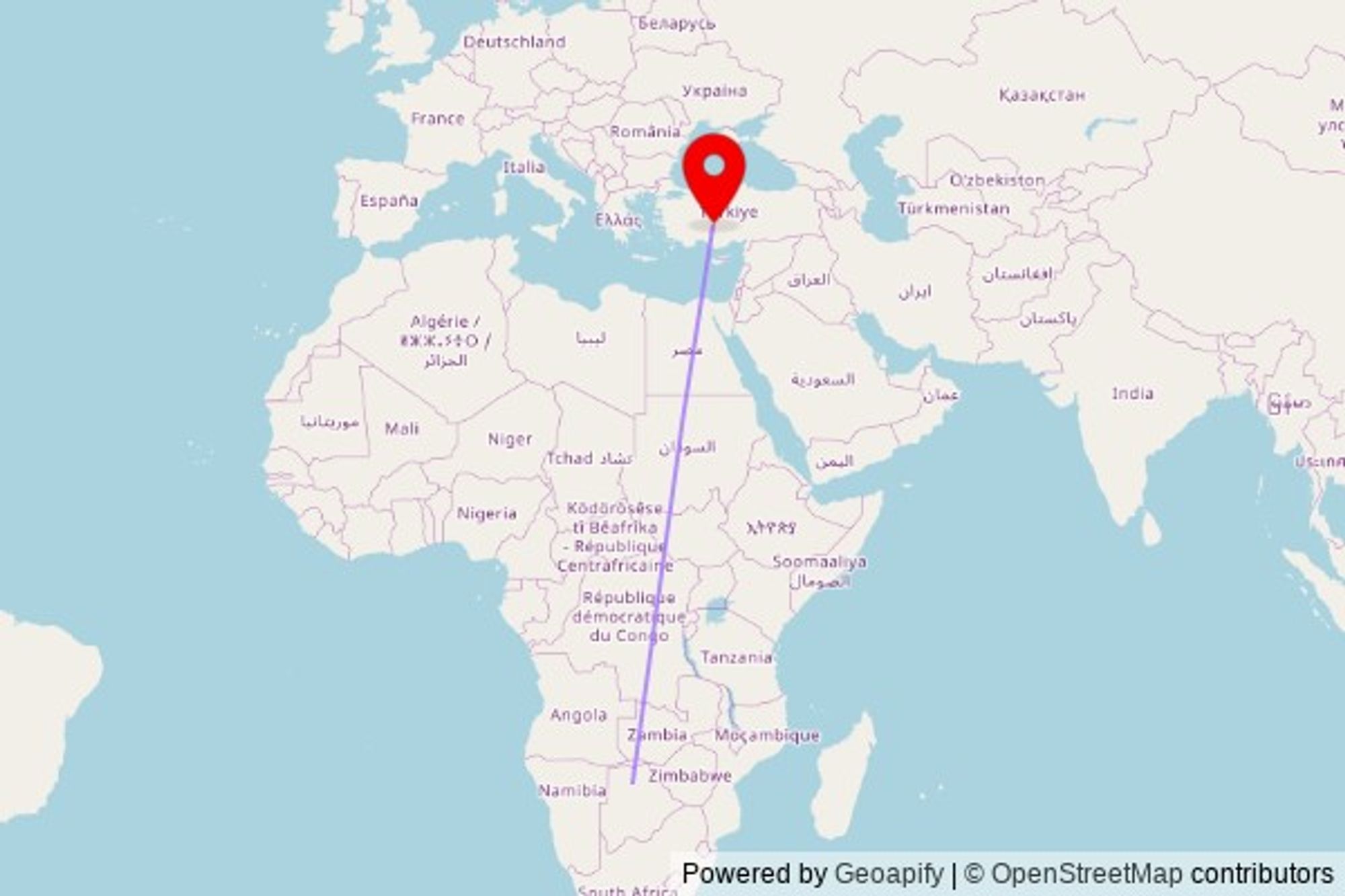 A map showing the great circle route from Maun in Botswana to a map pin at Paşa Meydanı Camii, Konya Caddesi, 42430 Sarayönü, Turkey