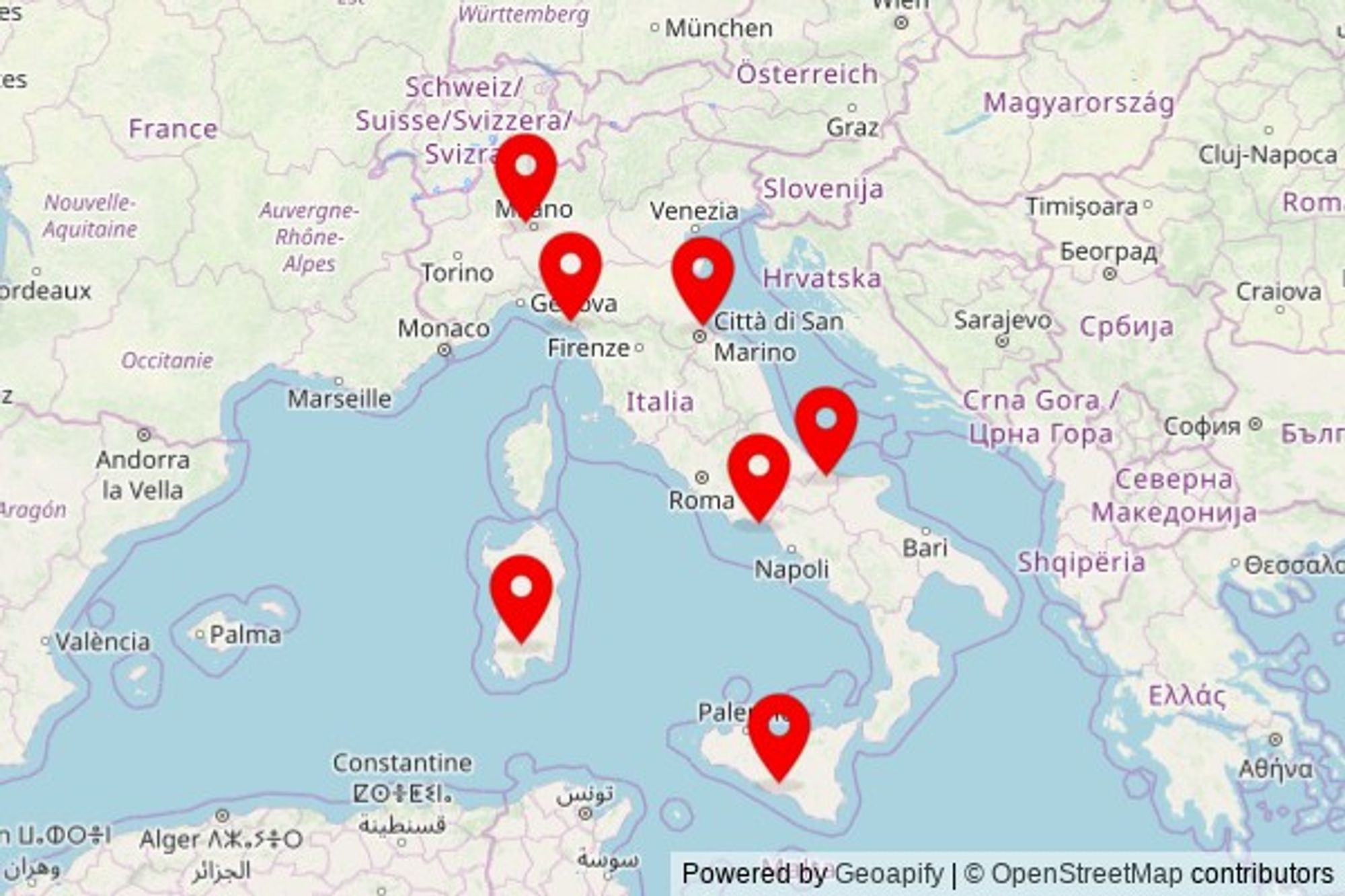 A map showing every place of worship we have visited so far in Italy including:
Chiesa di San Leonardo in Serramanna
Chiesa dei SS Cosma e Damiano e Maria SS di Portosalvo in Gaeta
Chiesa parrocchiale dei Santi Giacomo e Filippo in Cornaredo
Chiesa Parrocchiale di Santa Maria Maggiore in Guglionesi
Chiesa di San Nicolò in Arcola
Chiesa di San Michele in Ravanusa
Santuario Madonna della Visitazione (Madonna di Casale) in Santarcangelo di Romagna