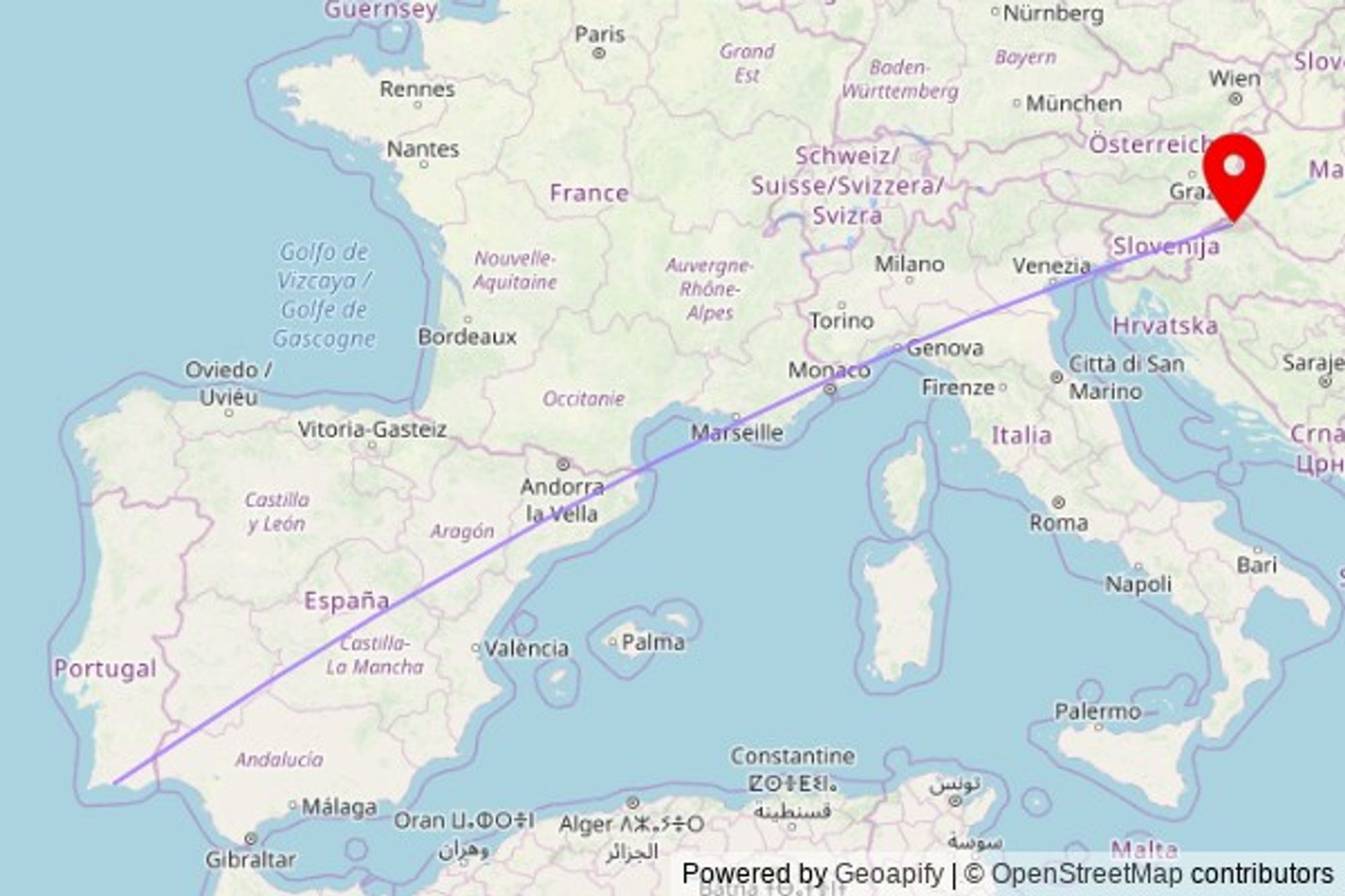 A map showing the great circle route from Porches in Portugal to a map pin at crkva svetog Đorđa, Ulica Augusta Šenoe 12, 42000 Grad Varaždin, Croatia