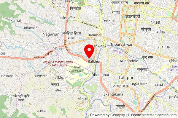 A partially zoomed out map with a pin at the position of Shree Kumari Mandir, Kathmandu Metropolitan City, Kathmandu 44613, Nepal