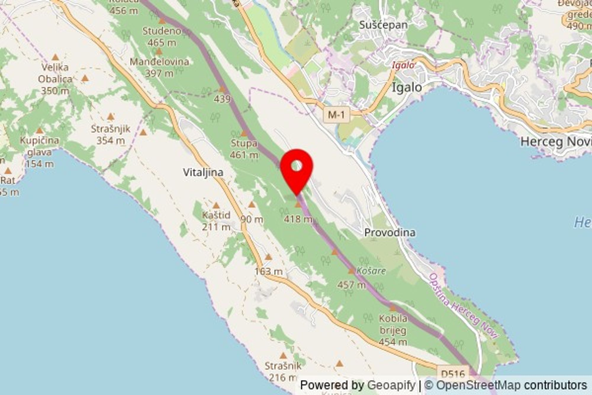 A partially zoomed out map with a pin at the position of Sveti Ilja, D516, Vitaljina, Croatia