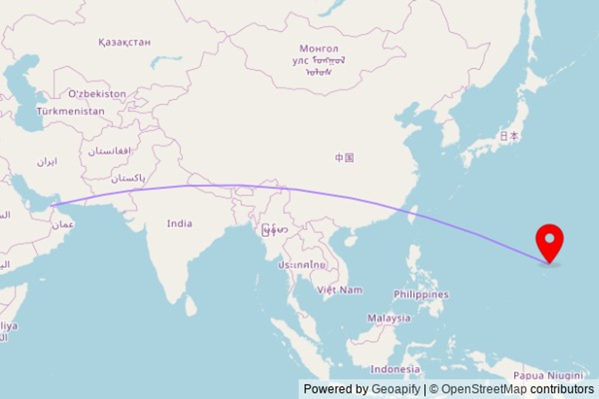 A map showing the great circle route from Dubai in the United Arab Emirates to a map pin at Kingdom Hall of Jehovah’s Witnesses, Dress Place, Gualo Rai, MP 96950, United States of America