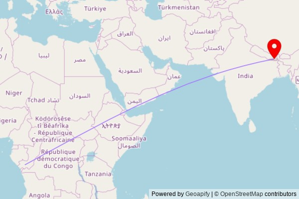 A map showing the great circle route from Missama in the Republic of the Congo to a map pin at Temple, Radio Nepal Marga, Dharan, Sunsari, Nepal