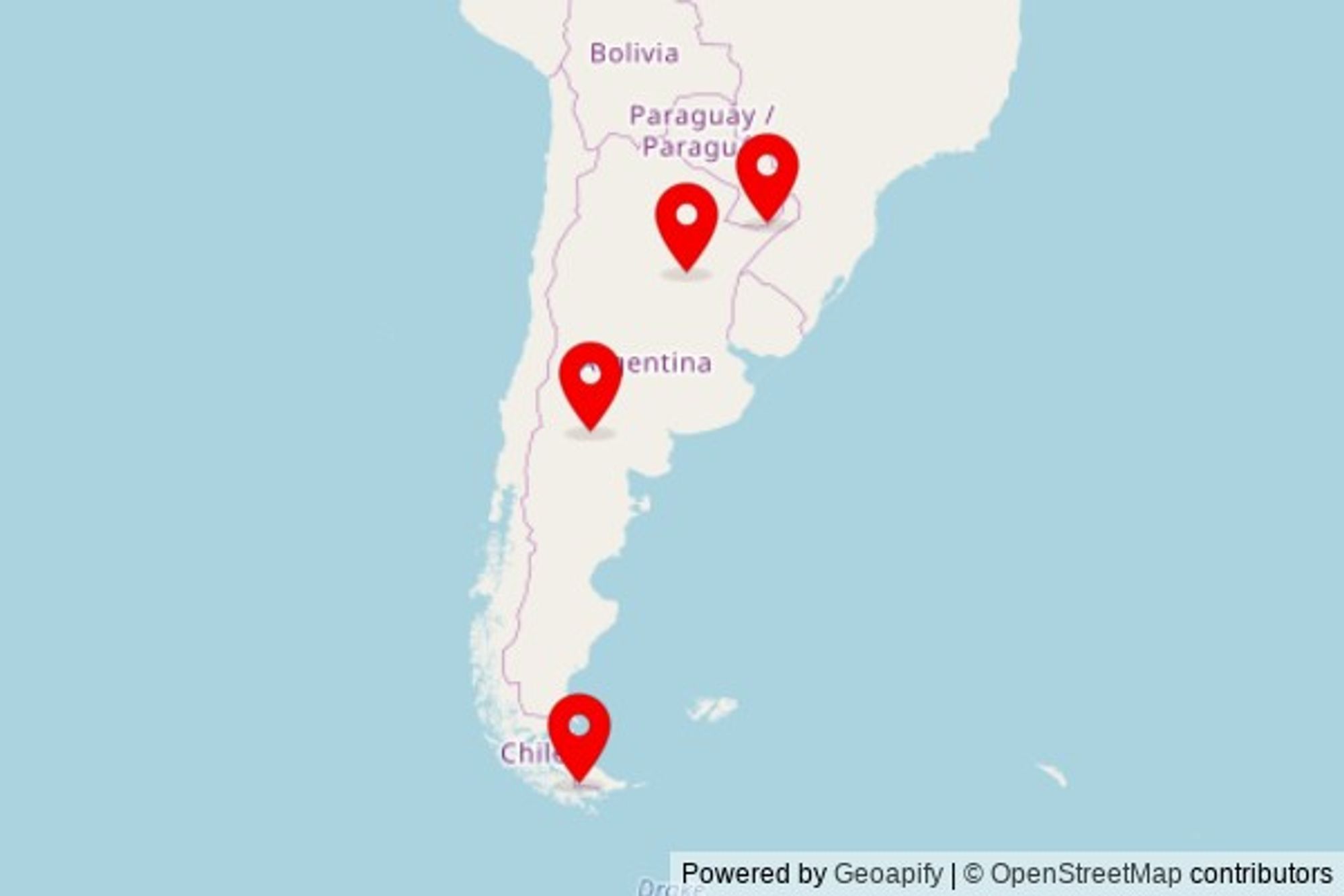 A map showing every place of worship we have visited so far in Argentina including:
Iglesia Evangélica Bautista Del Redentor in Municipio de San Cristóbal
Virgen de Schoenstatt in Posadas
Iglesia Parroquial de Ushuaia in Ushuaia
Iglesia Israelita del Nuevo Pacto in General Roca