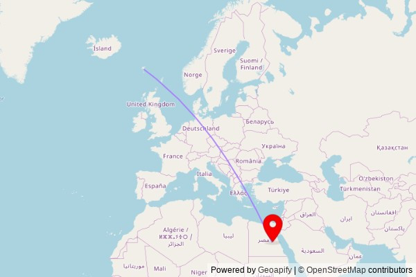 A map showing the great circle route from Tórshavn in the Faroe Islands to a map pin at Dayr al Ajaibi, Al Murashiduh, Al Darb Road, Egypt