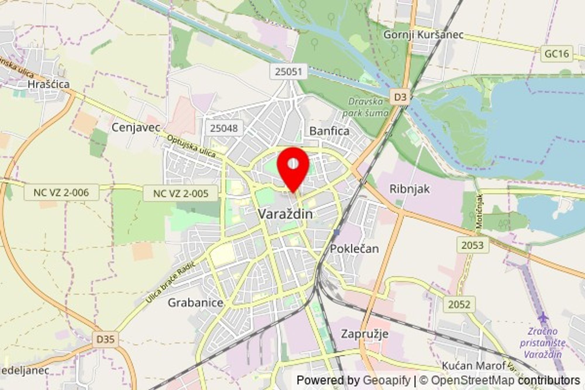 A partially zoomed out map with a pin at the position of crkva svetog Đorđa, Ulica Augusta Šenoe 12, 42000 Grad Varaždin, Croatia