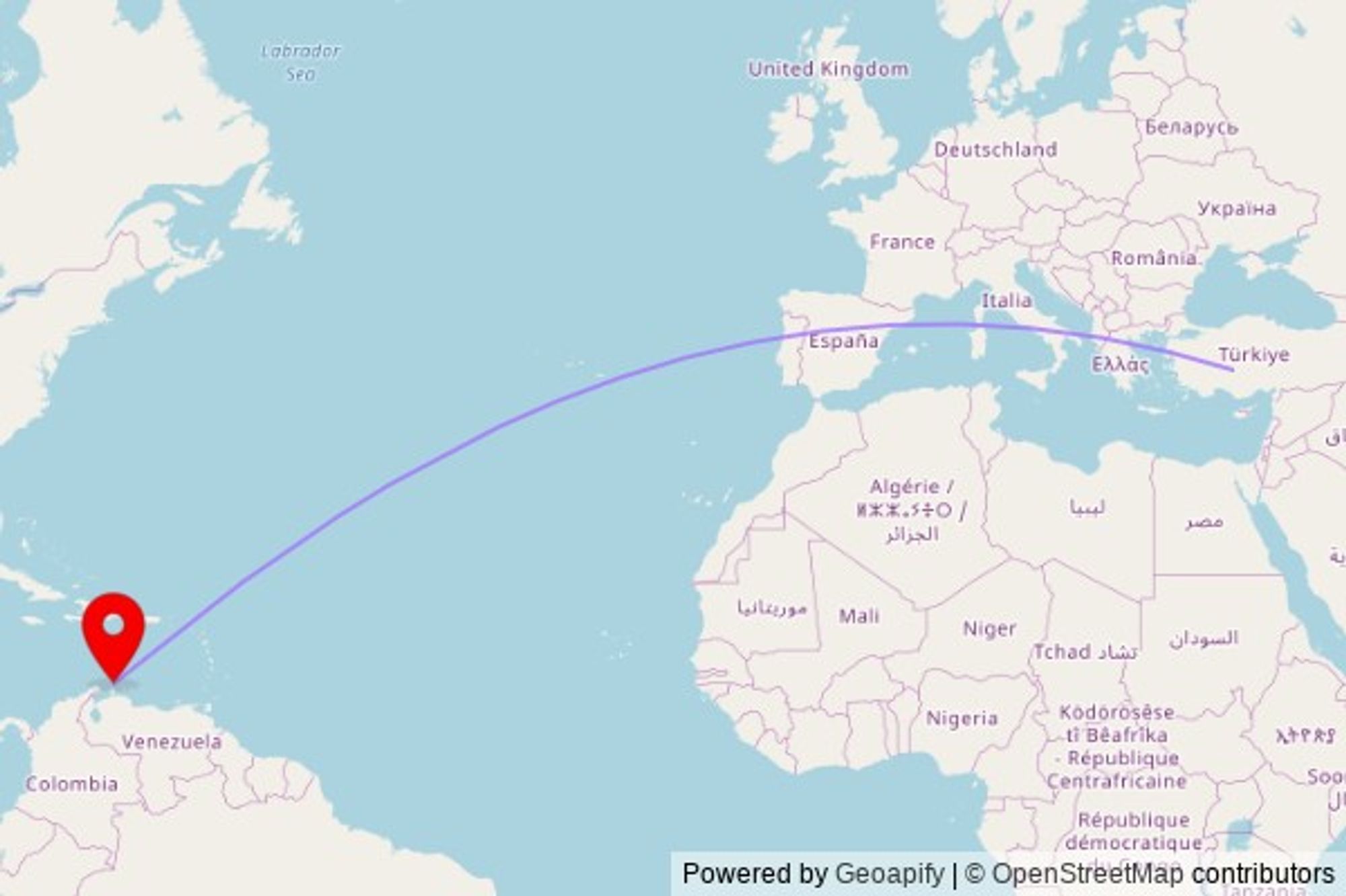 A map showing the great circle route from Sarayönü in Turkey to a map pin at The Church of Jesus Christ of Latter-day Saints, Seroe Blanco, Oranjestad, Netherlands